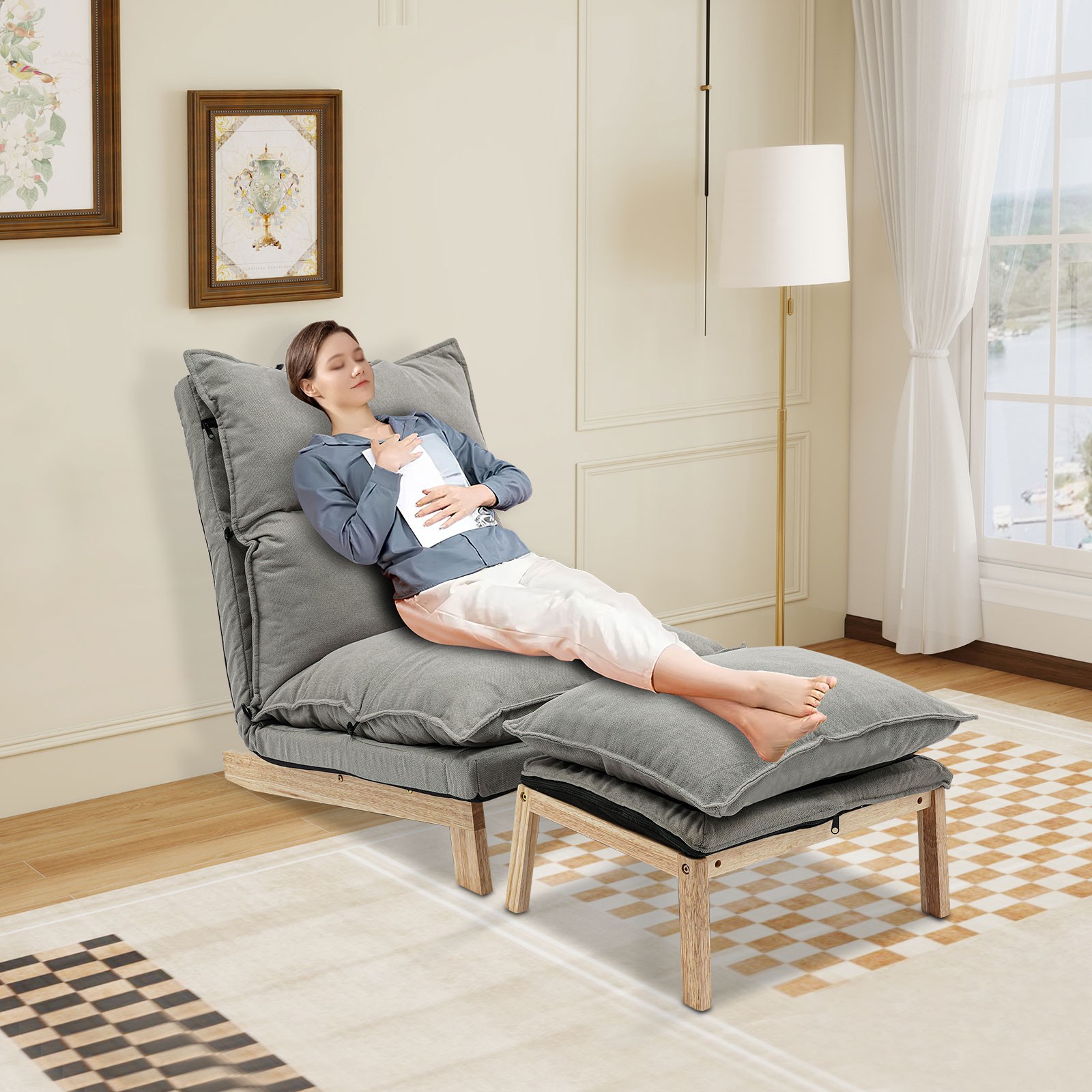 Grey Lounge Chair Single Lazy Sofa Leisure Balcony Adjustable Recliner USA