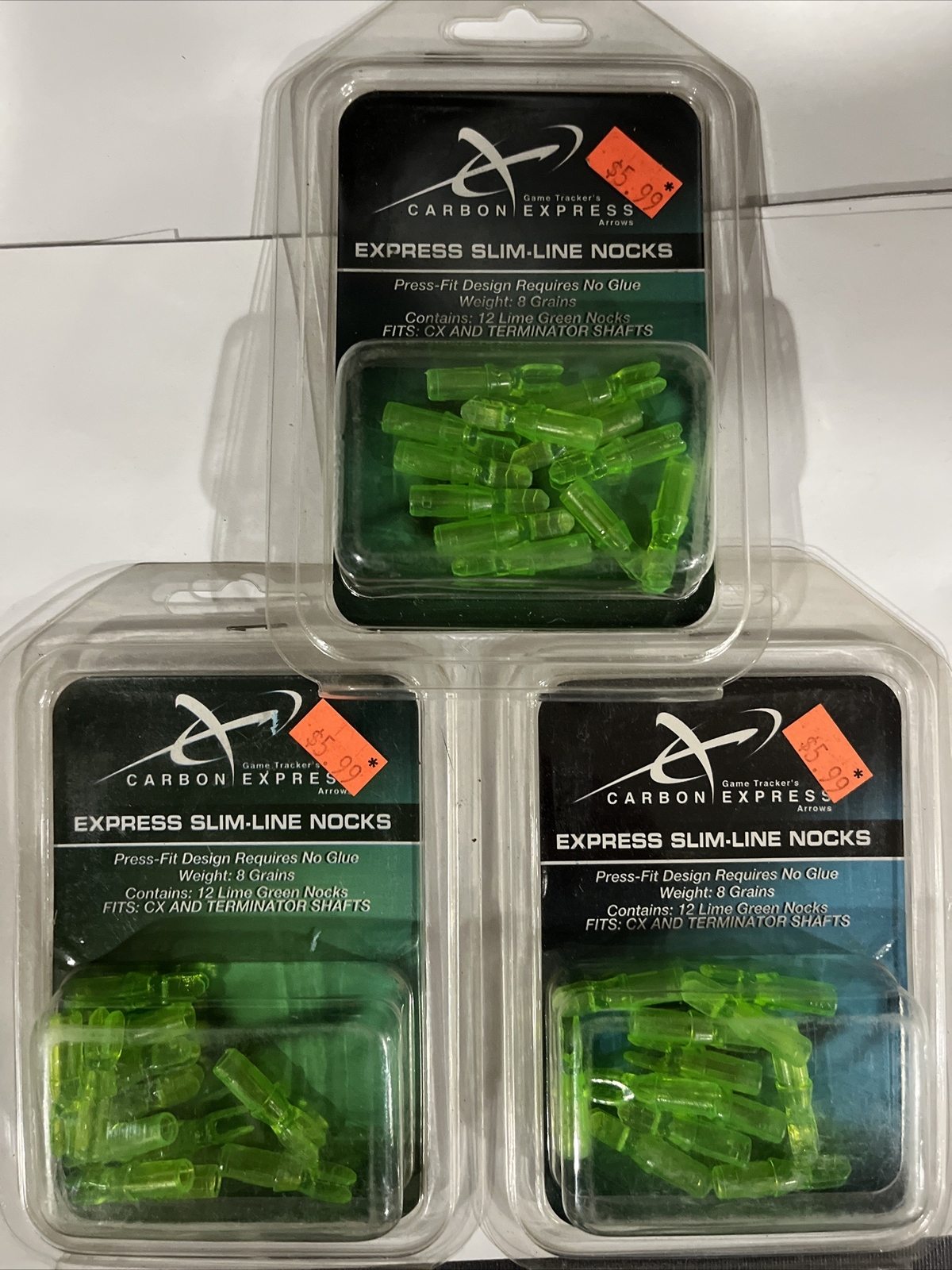 Lot Of Lot Of 3 Carbon Express Slim Line Green Nocks NOS 8 Grains Pkg Of 12