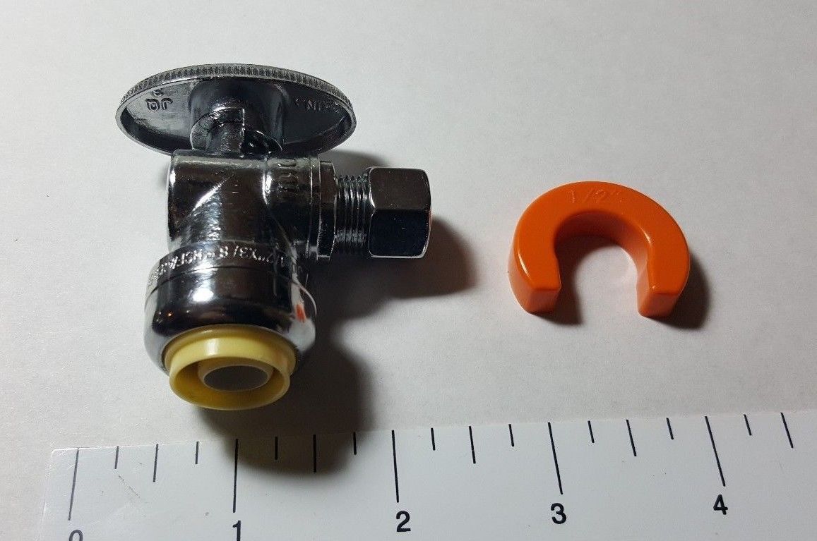10 PCS. 1/2" X 3/8" PUSH FIT 1/4-TURN ANGLE STOP VALVE WITH 1 CLIP. LEAD FREE