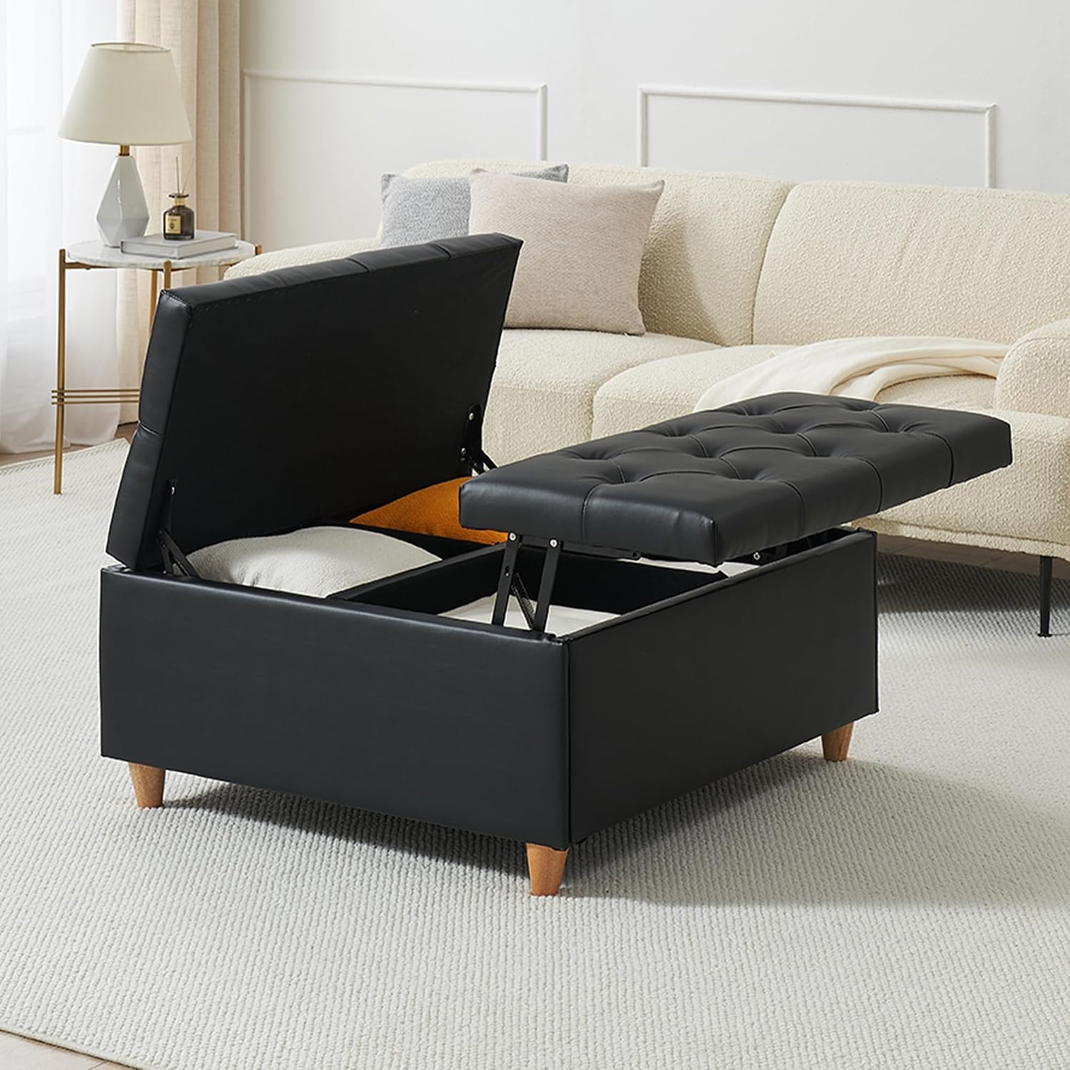 Stylish Black Square Ottoman with Lift-Up Storage for Living Room & Bedroom