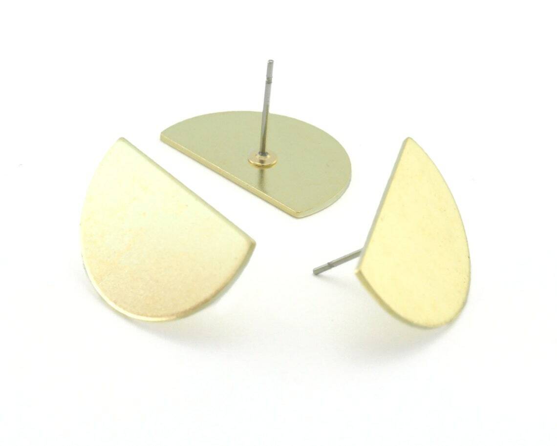 1 pair Semi Circle Half Moon Earring Stud Posts raw brass 22x14mm 3659