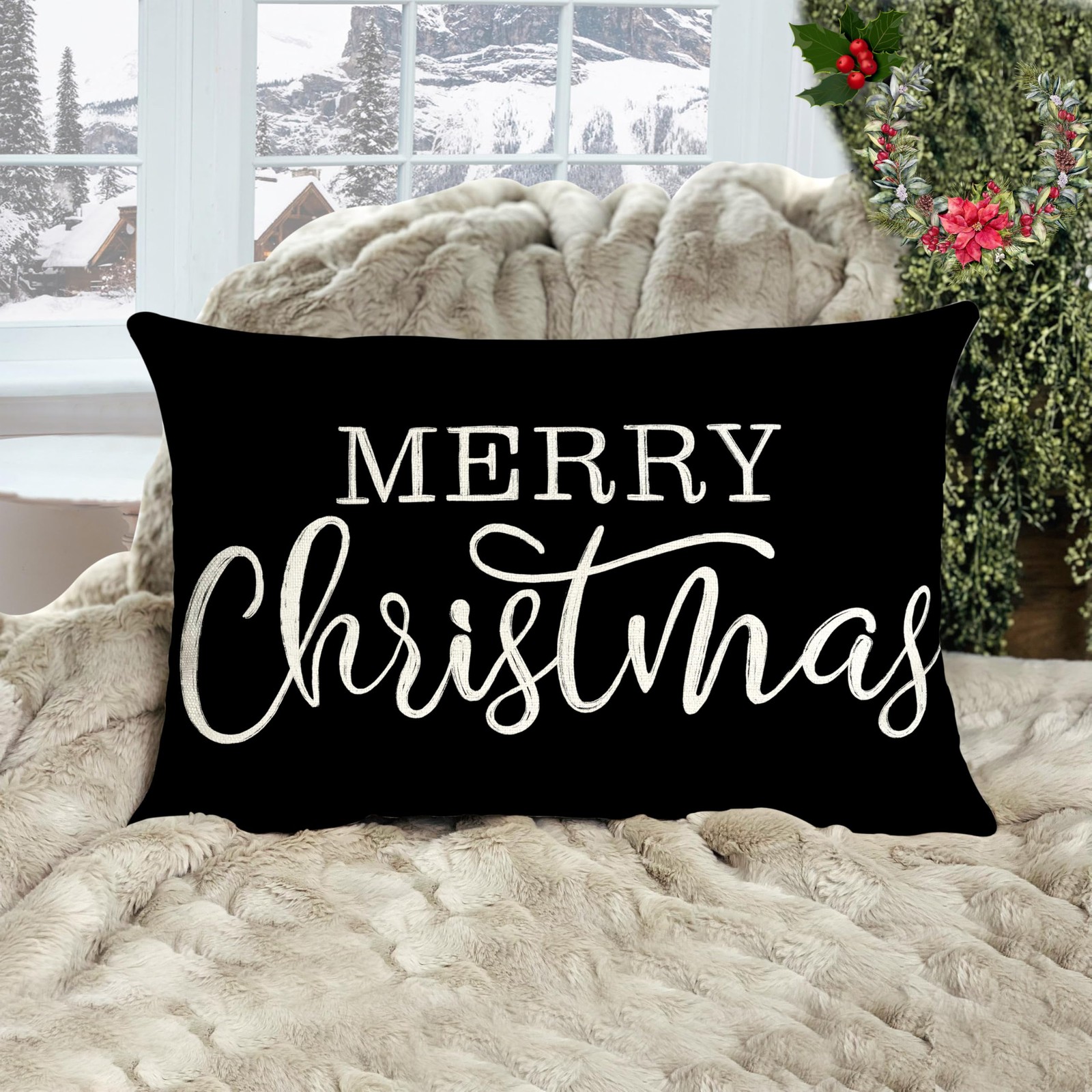 LOMCHEN Black Christmas Lumbar Pillow Cover 20" x 12" (Pack of 1),