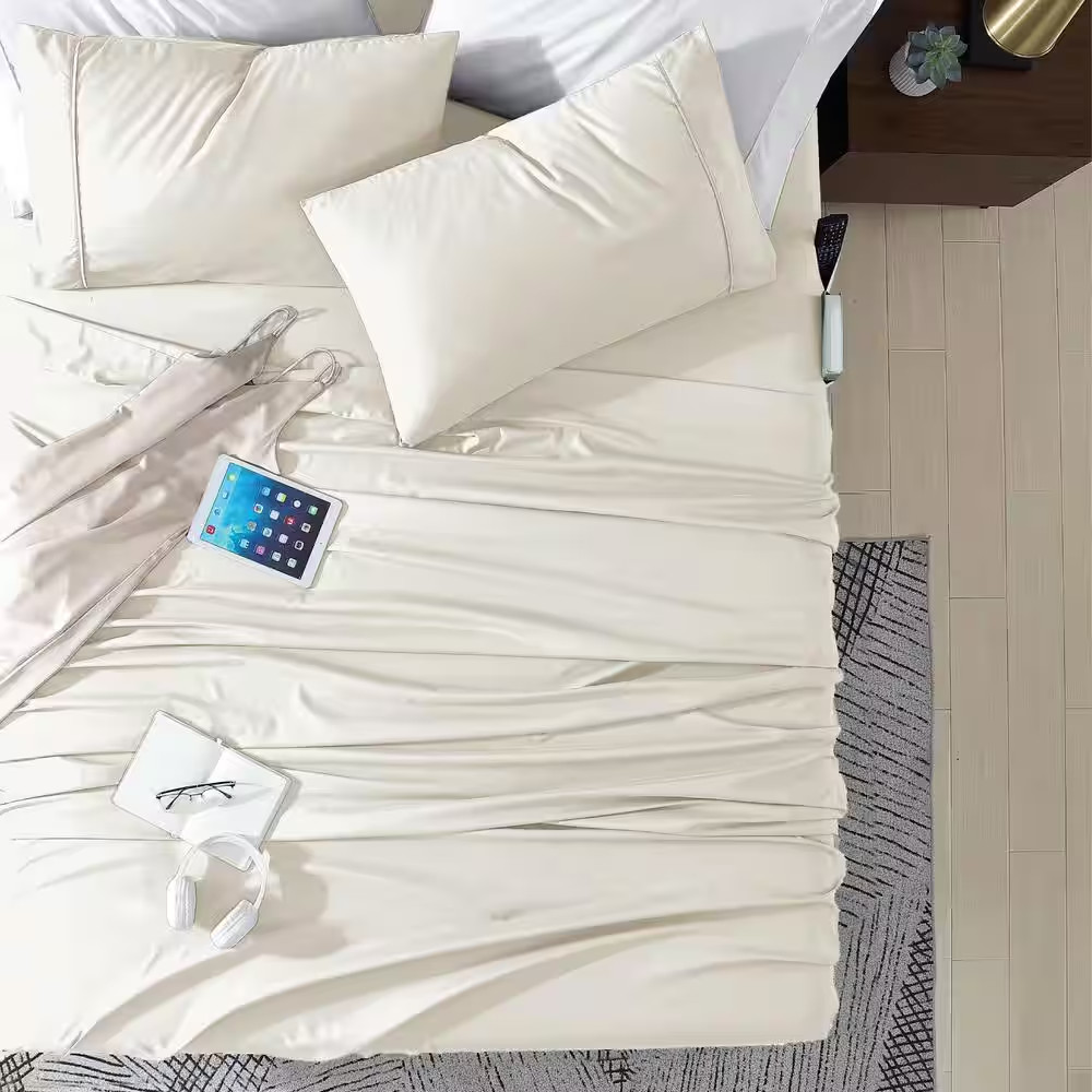 Twin Size Microfiber Sheet Set with 8 In. Double Storage Side Pockets, Coconut M
