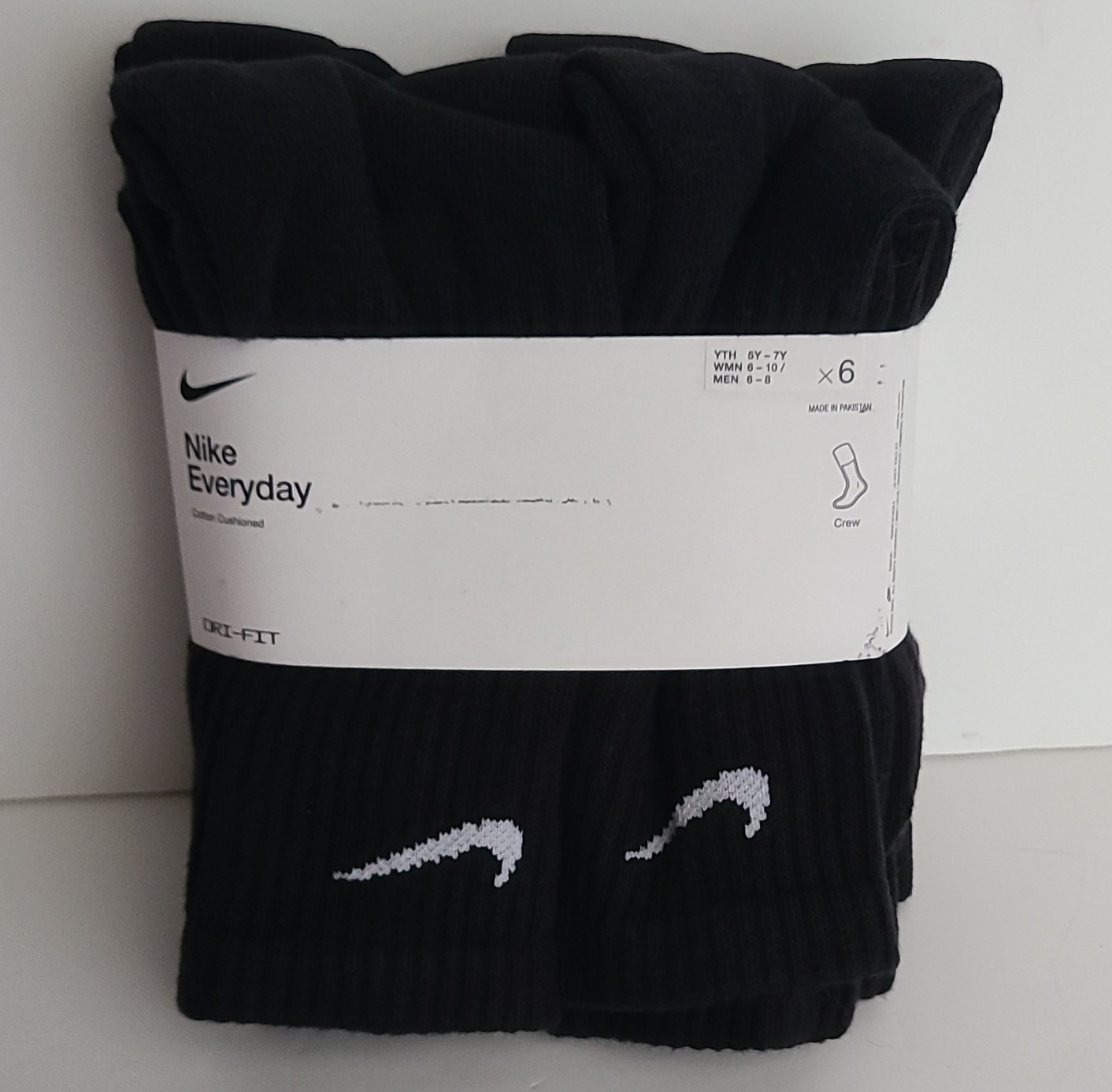 Nike Everyday Crew Socks Black/White Logo Solid 6 Pairs Size 6-10