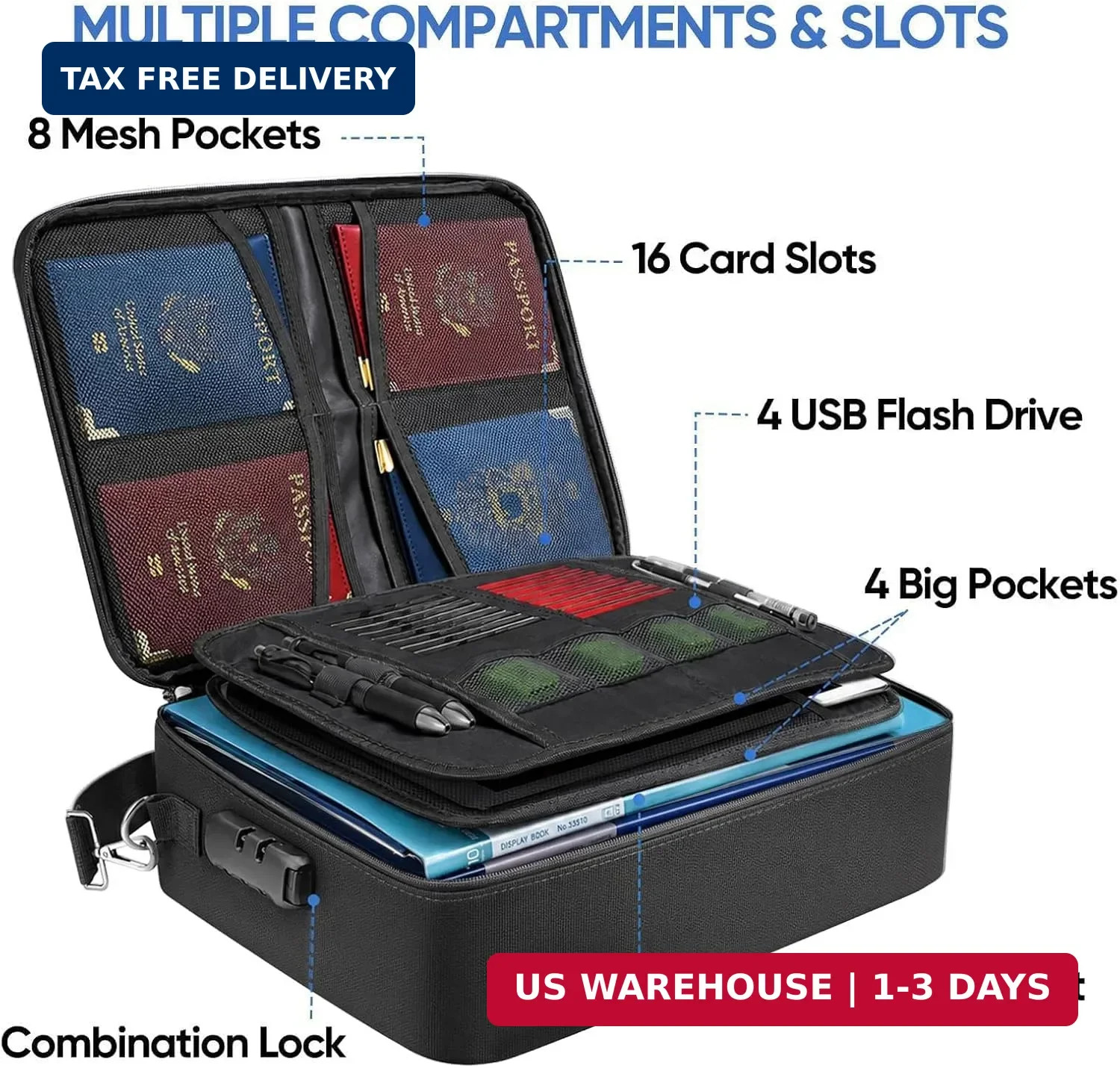 Fireproof Waterproof Document Organizer Bag with Lock 3 Layer File Storage Case
