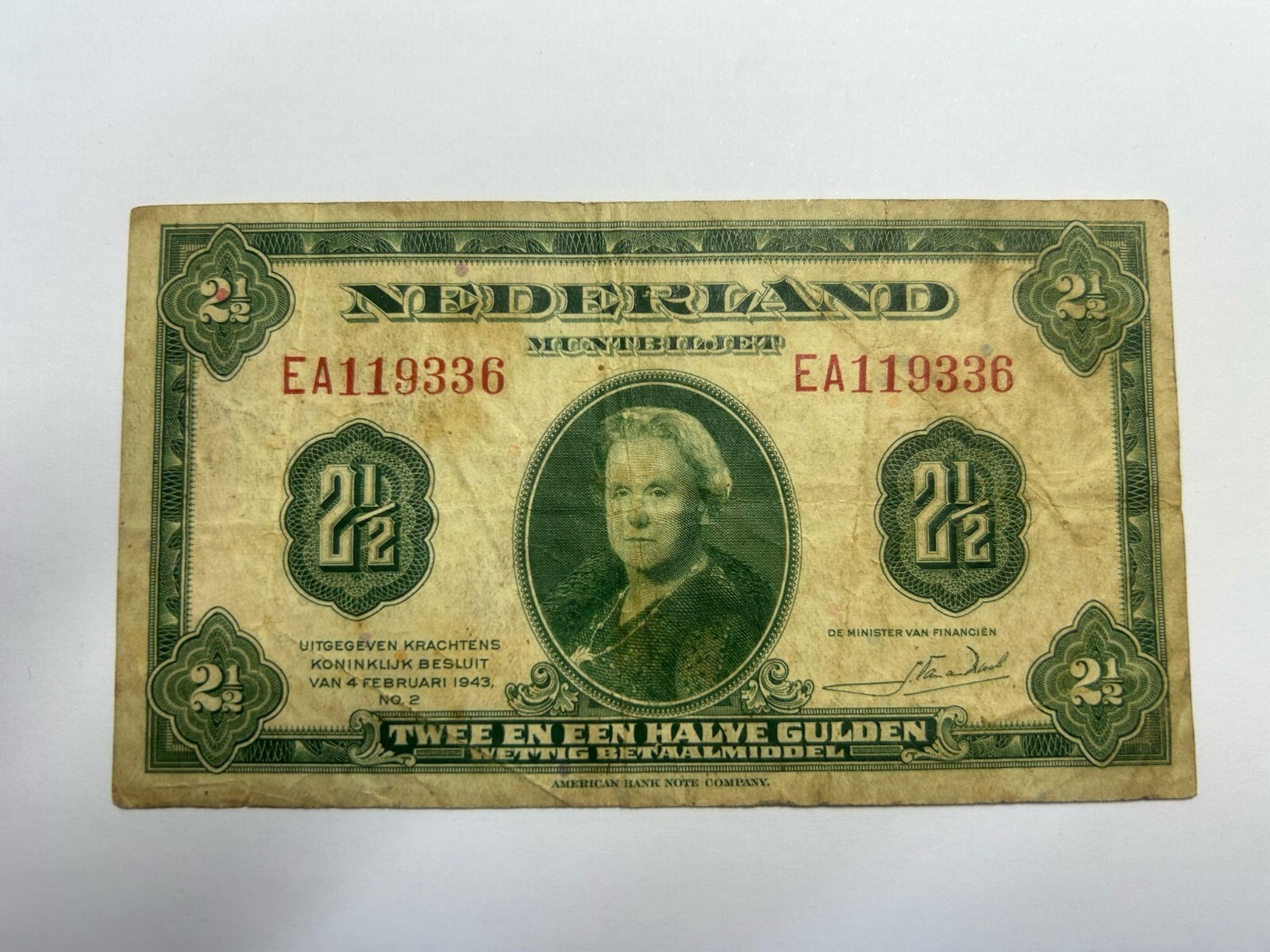 Netherlands 2½ Gulden Banknote 1943 – EA119336