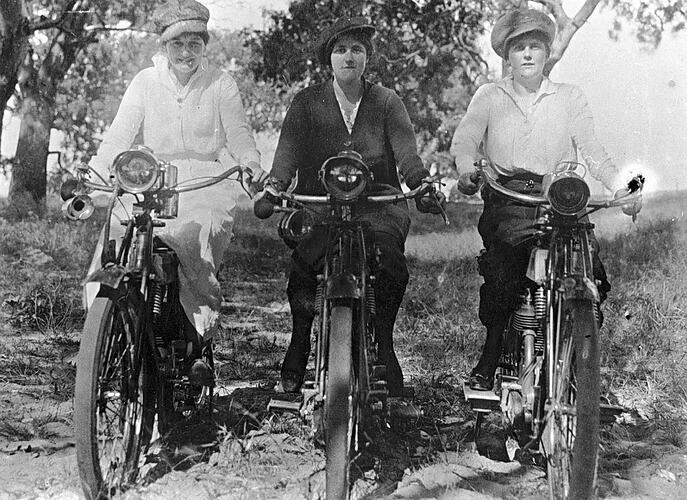 Three Women Riding Motorcycles Ballarat District Victoria 1920 OLD PHOTO