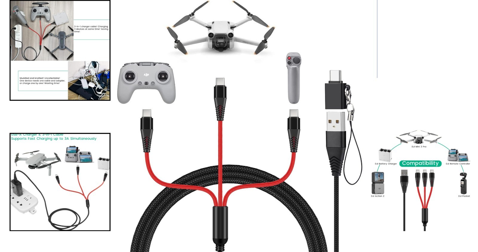 Versatile DJI Drone Charger - 3A USB-C Fast Charging Cable for Multiple Devices