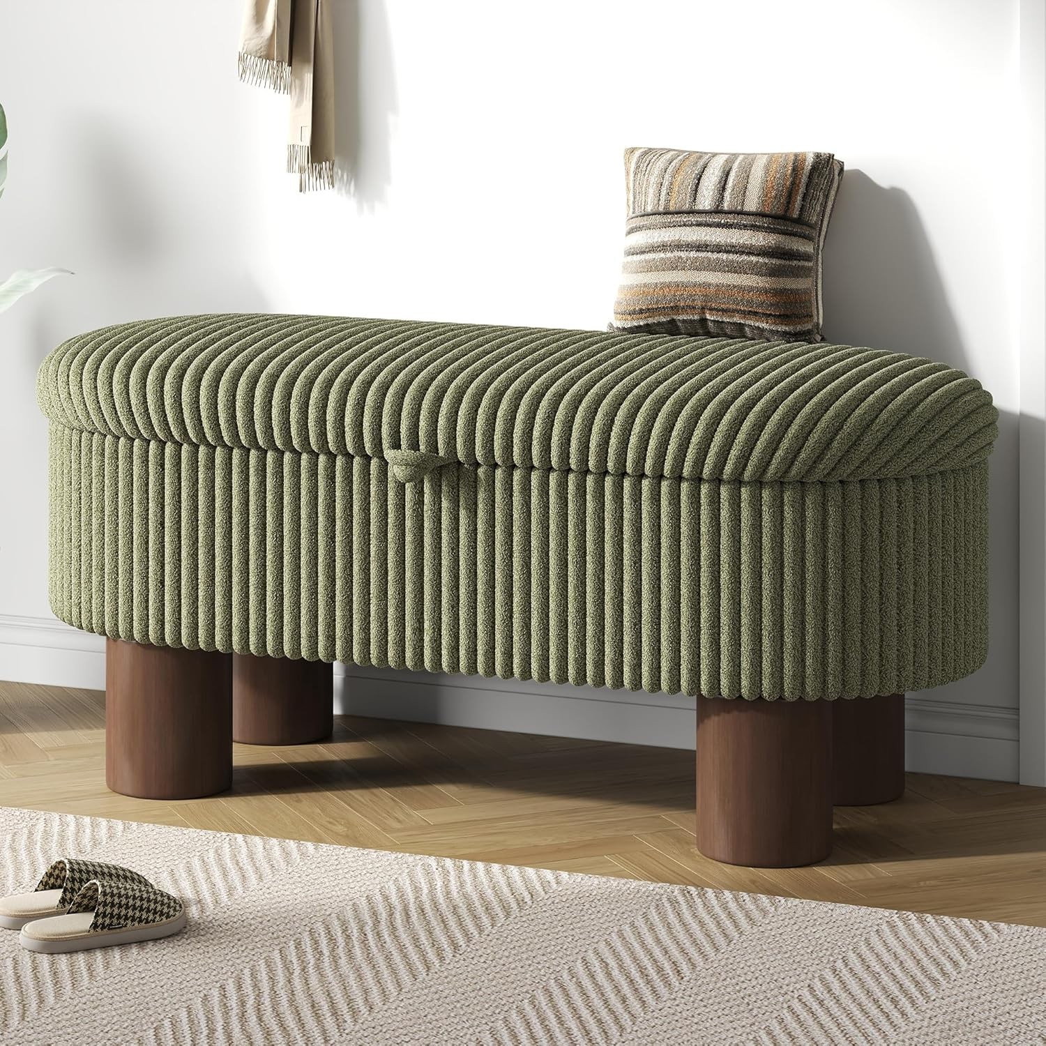 Modern Storage Ottoman Corduroy Upholstered Bench W/ Cylinder Legs Wooden