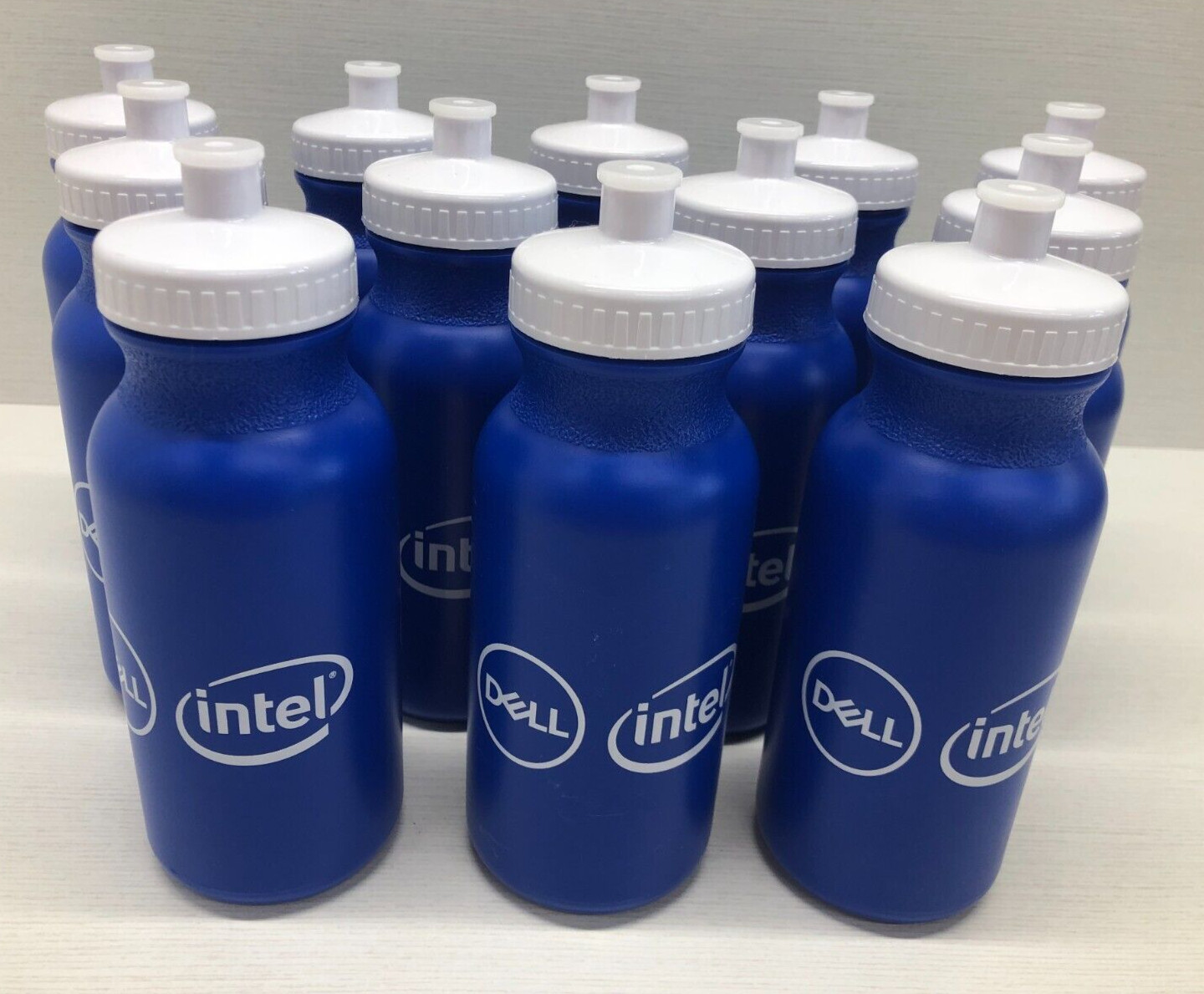 12 New Dell / Intel Logo Blue Plastic Sports Top Bicycle Drink Bottles 16-18 oz.