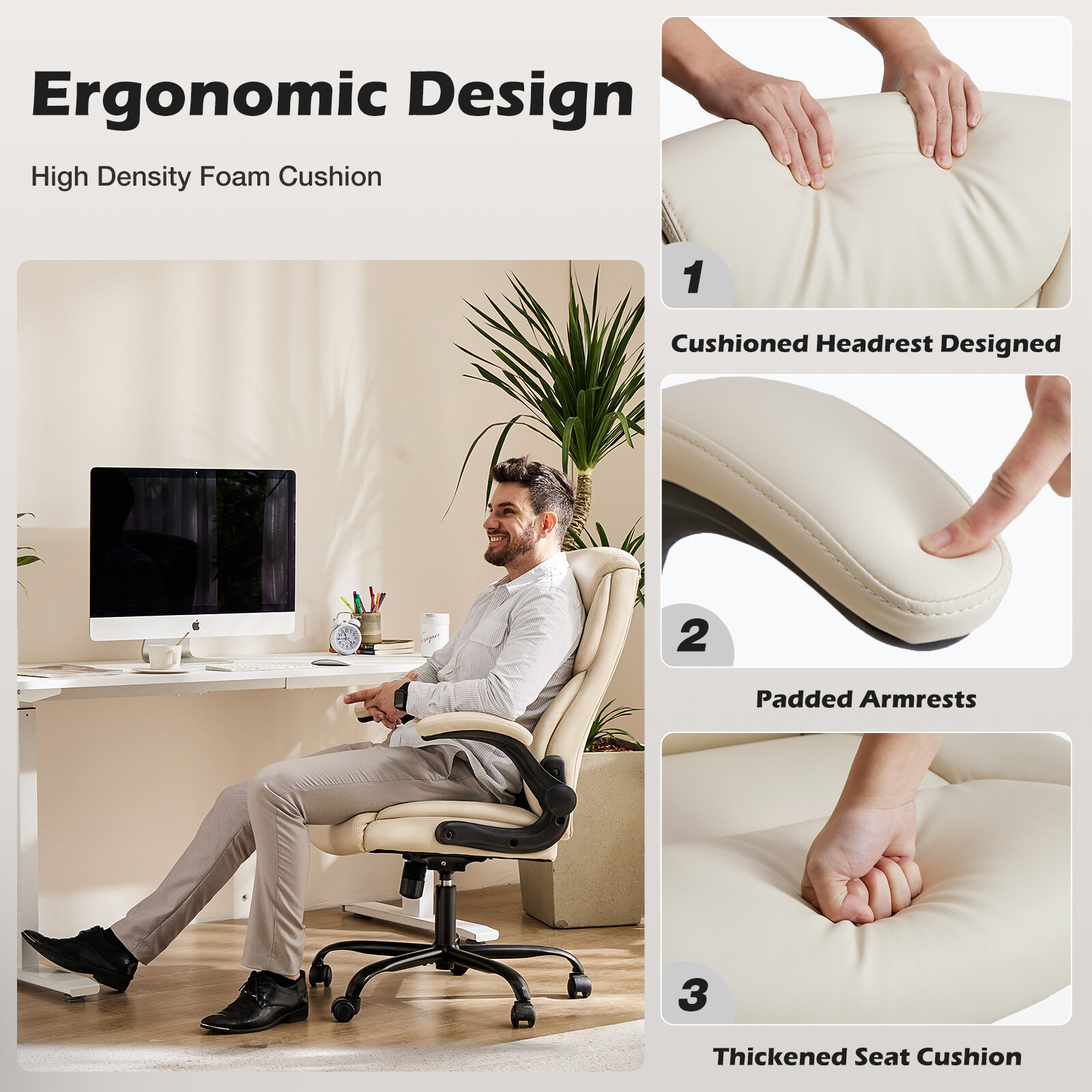 PU Ergonomic Office Chair, Height-Adjustable Swivel Boss Chair, Padded Cushion