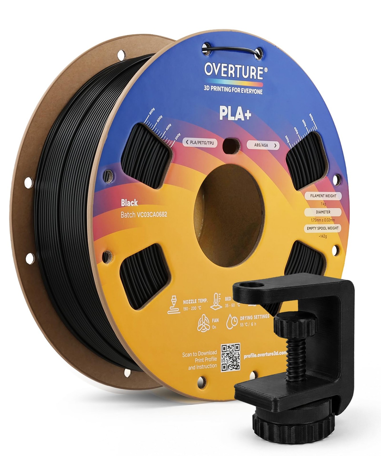 OVERTURE High Speed PLA+ 3D Printer Filament 1.75mm, 1kg Black 1KG,