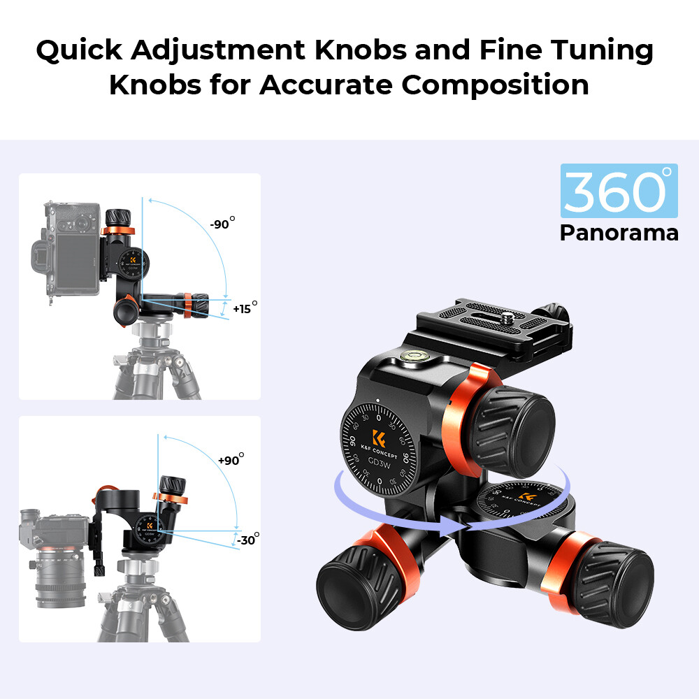 K&F Concept 3-Way Geared Head Tripod Head Aluminum for DSLR SLR Arca-Swiss GW-3D