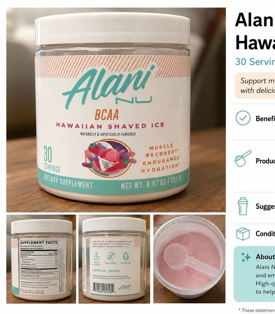 Alani Nu BCAA Amino Acid Powder Hawaiian Shaved Ice, 9.07 oz, 30 Servings