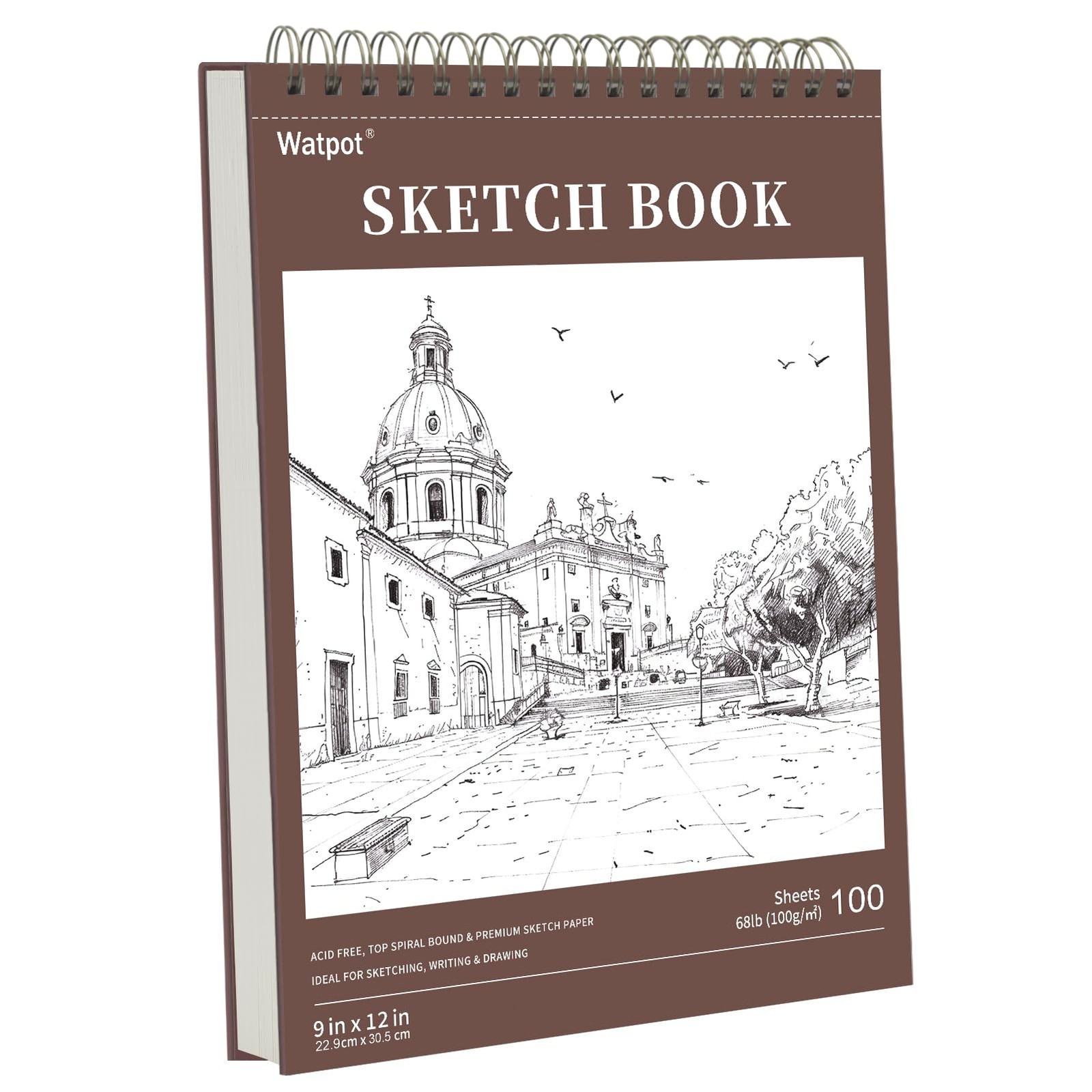 9" x 12" Hard Cover Sketch Book, Top Spiral Bound x (1 Pack), Brown