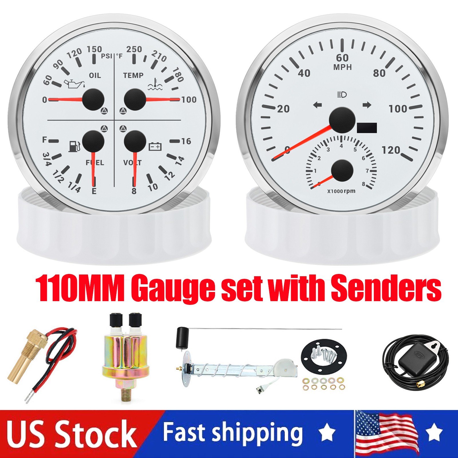 2 Gauge SET 110mm GPS Speedometer 0-120MPH Tacho Fuel/Volt/Oil/Temp with Senders