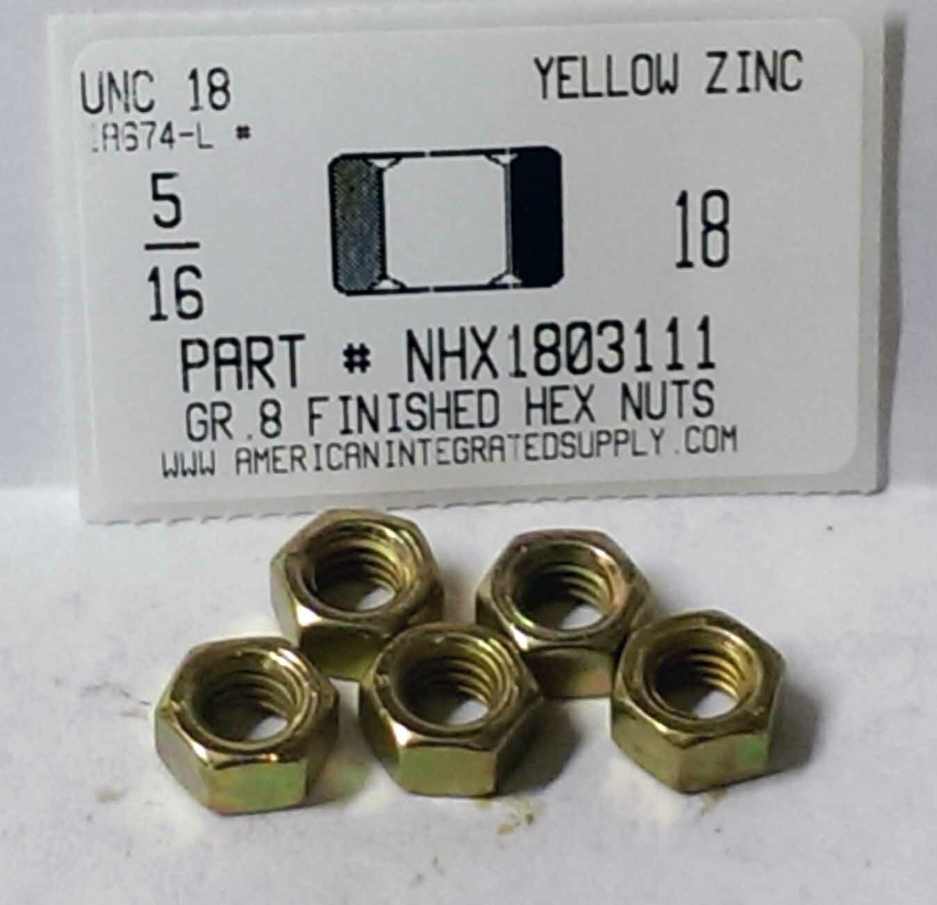 5/16-18 Finished Hex Nuts Grade 8 Steel Zinc Yellow Plated (50)