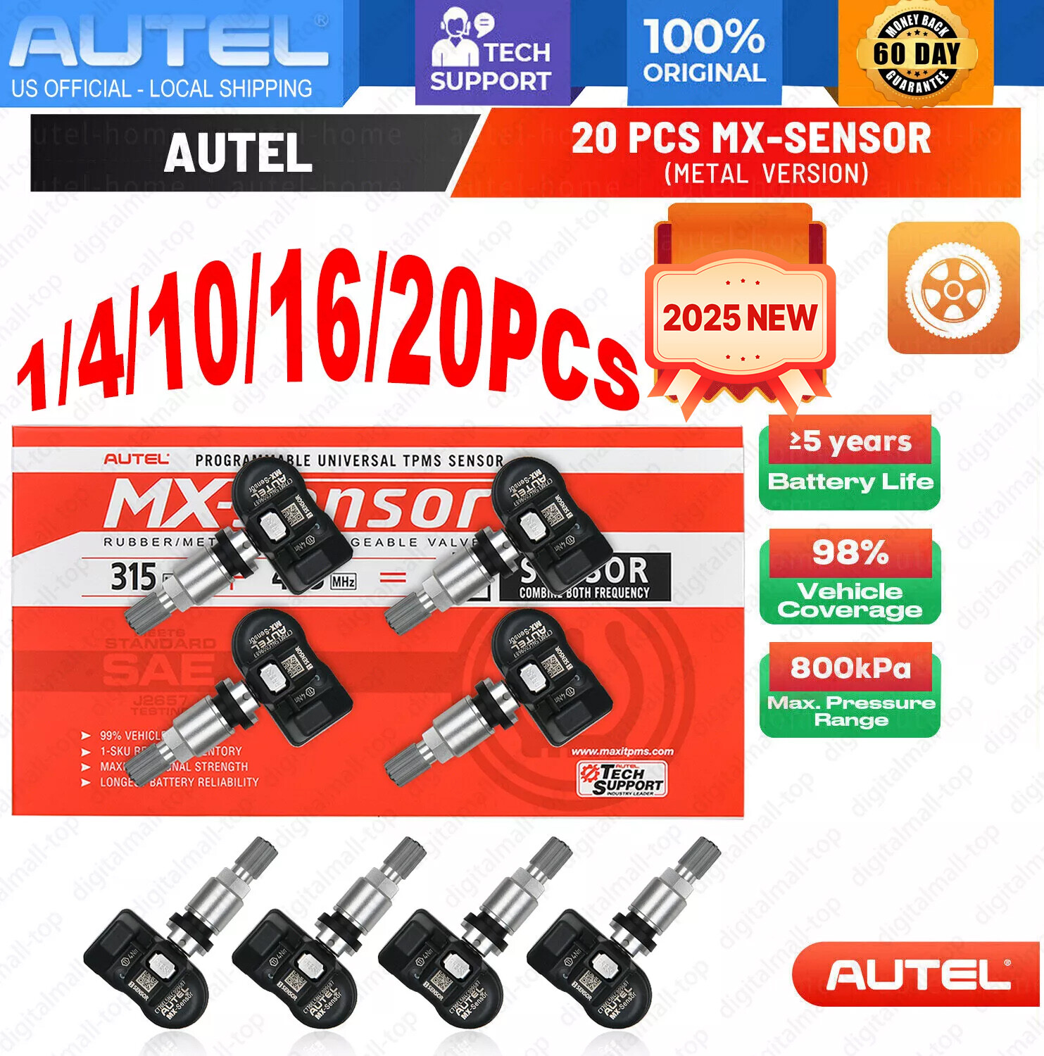 Autel TPMS MX-Sensor 315MHz & 433MHz 2 in 1 Auto Tire Pressure Sensor Metal Stem