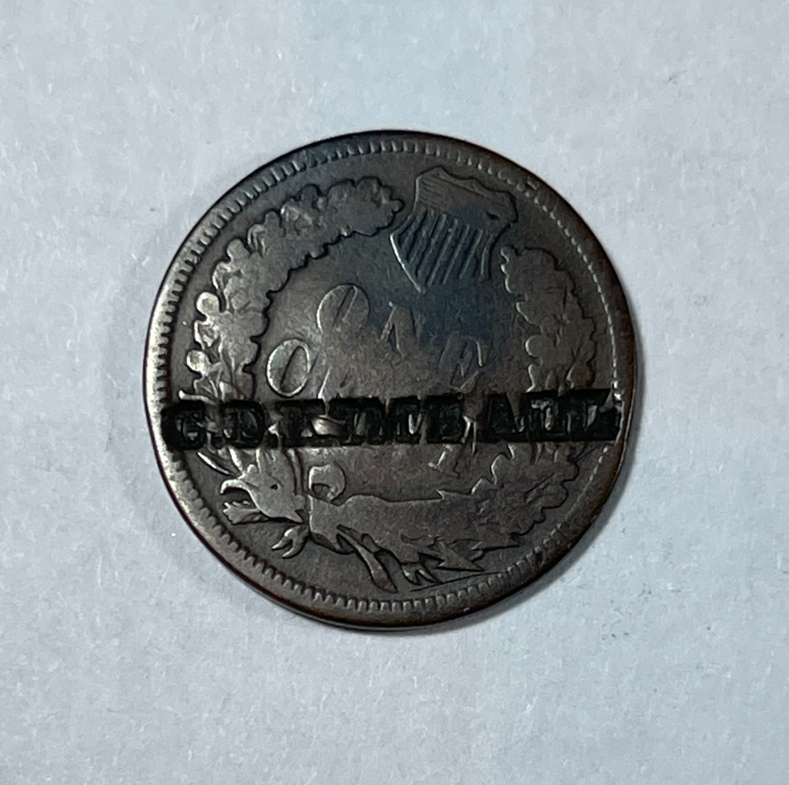 Exonumia Counter Stamped 1874 Indian 1C (#8397)  Stamped GB KIMBALL.