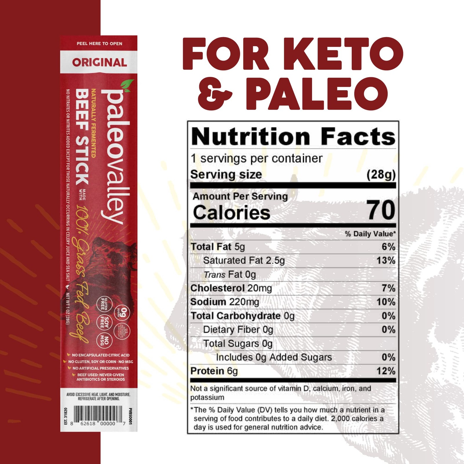Paleovalley 100 Grass Fed Original Beef Sticks - Delicious Gluten Free Beef S...