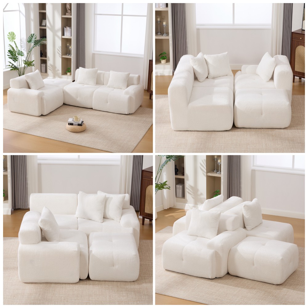 104.3" L-Shaped Modular Sectional Sofa w/ Ottoman & Pillows, Ivory