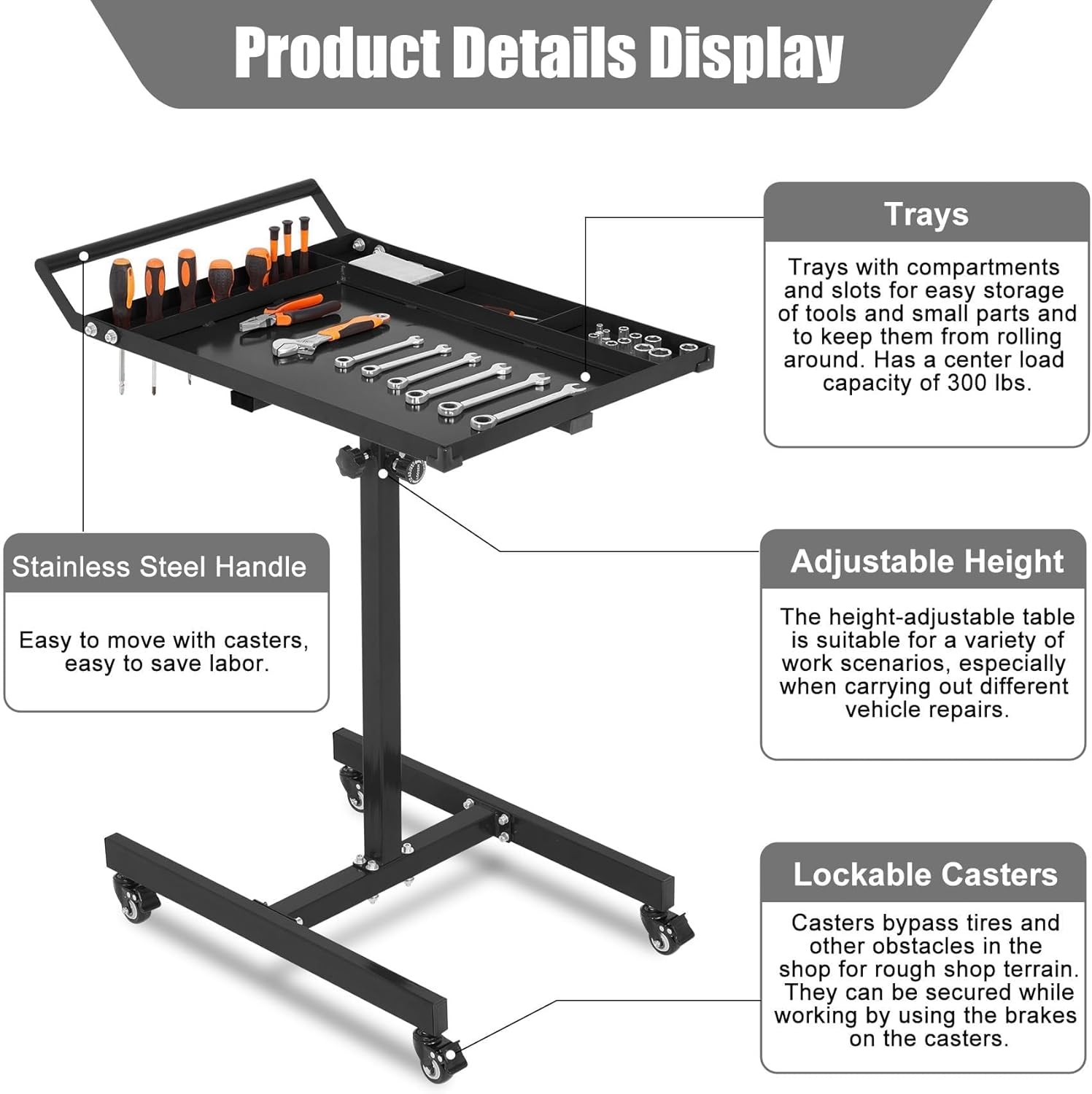 Heavy-Duty Mobile Workbench with Adjustable Height (35"-44.8"), 220 Lb Capacity