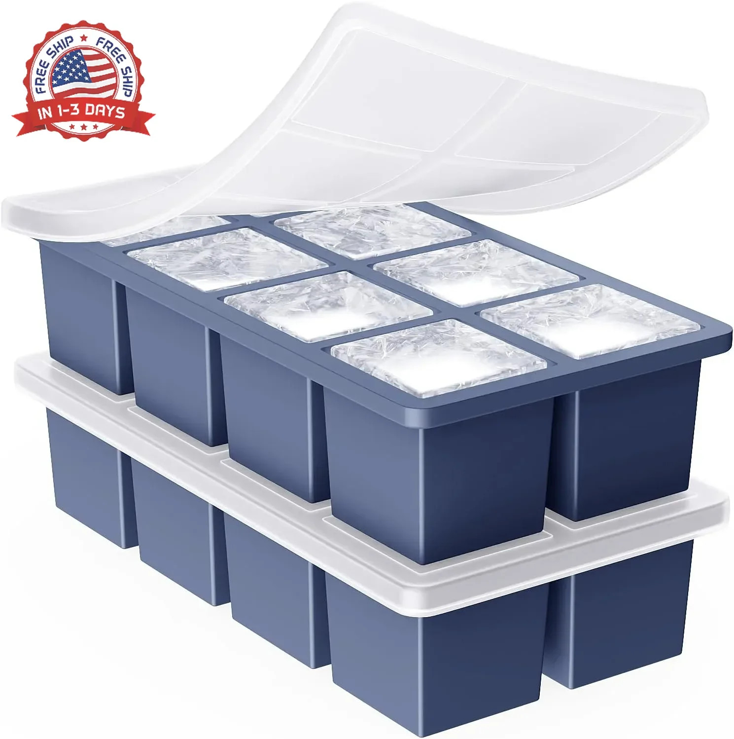 Large Ice Cube Tray Silicone 2Inch Square Whiskey Cocktails for Freezer Storage