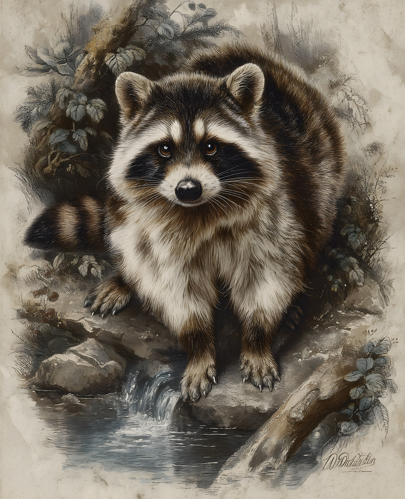 Raccoon Standing on Rocks Beside Woodland Stream Print - 330075841