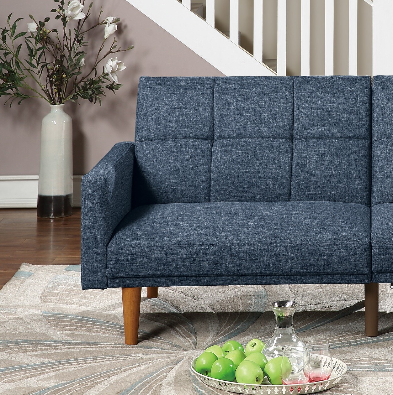 Transitional Look Living Room Sofa Couch Convertible Bed Navy Polyfiber 1pc Tuft
