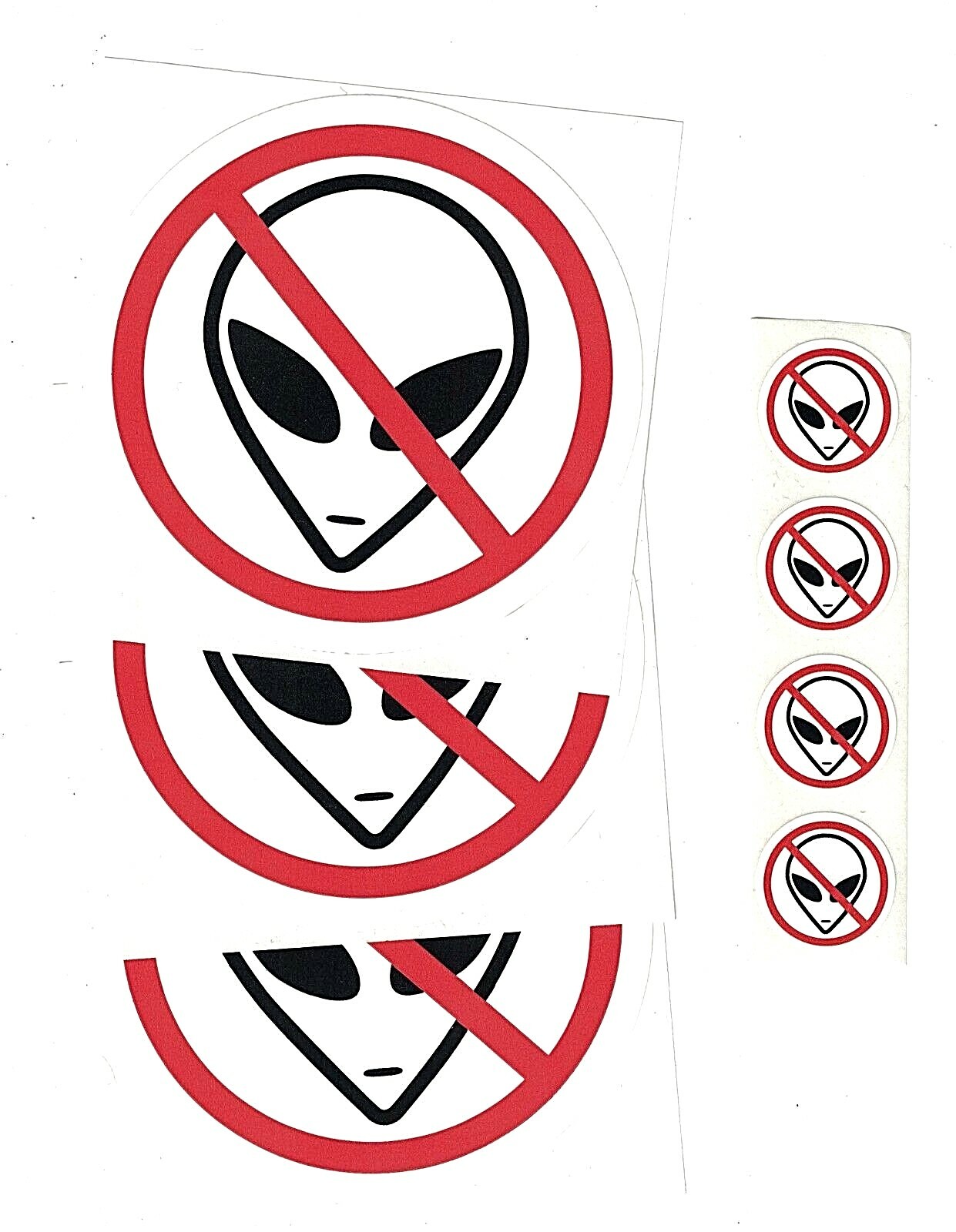 ALIEN STICKERS ~ SEVEN Red & White Anti-Alien Sticker Decals 4" & 1"  NEW