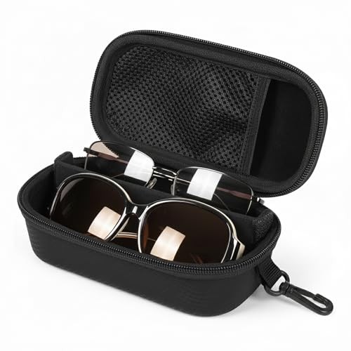 Double Eyeglass Case, Hard Travel Sunglasses Case with Adjustable Slots, Black