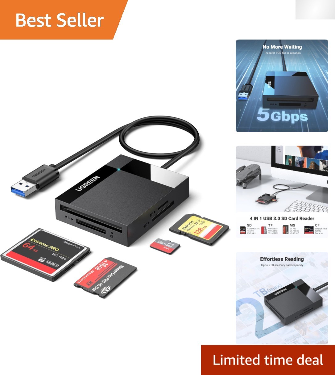 Portable USB 3.0 Card Reader – 5Gbps Transfer for Camera, Laptop, Smartphone