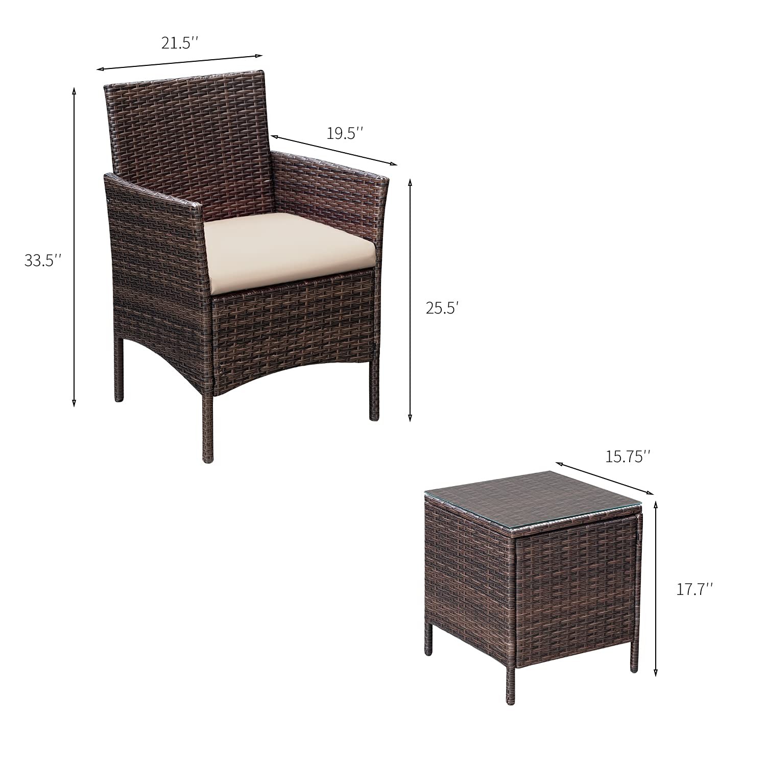 Greesum 3 Pieces Patio Furniture Sets 26.6x12.1x19.3 inches, Brown and Beige