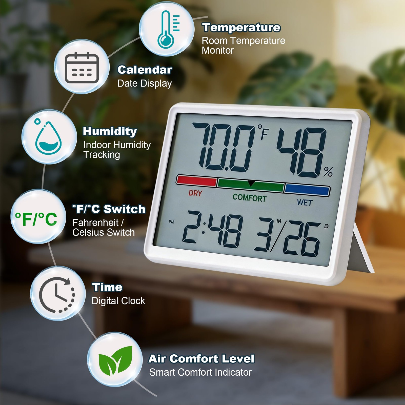 Digital Hygrometer Thermometer Clock Temp Humidity Gauge White
