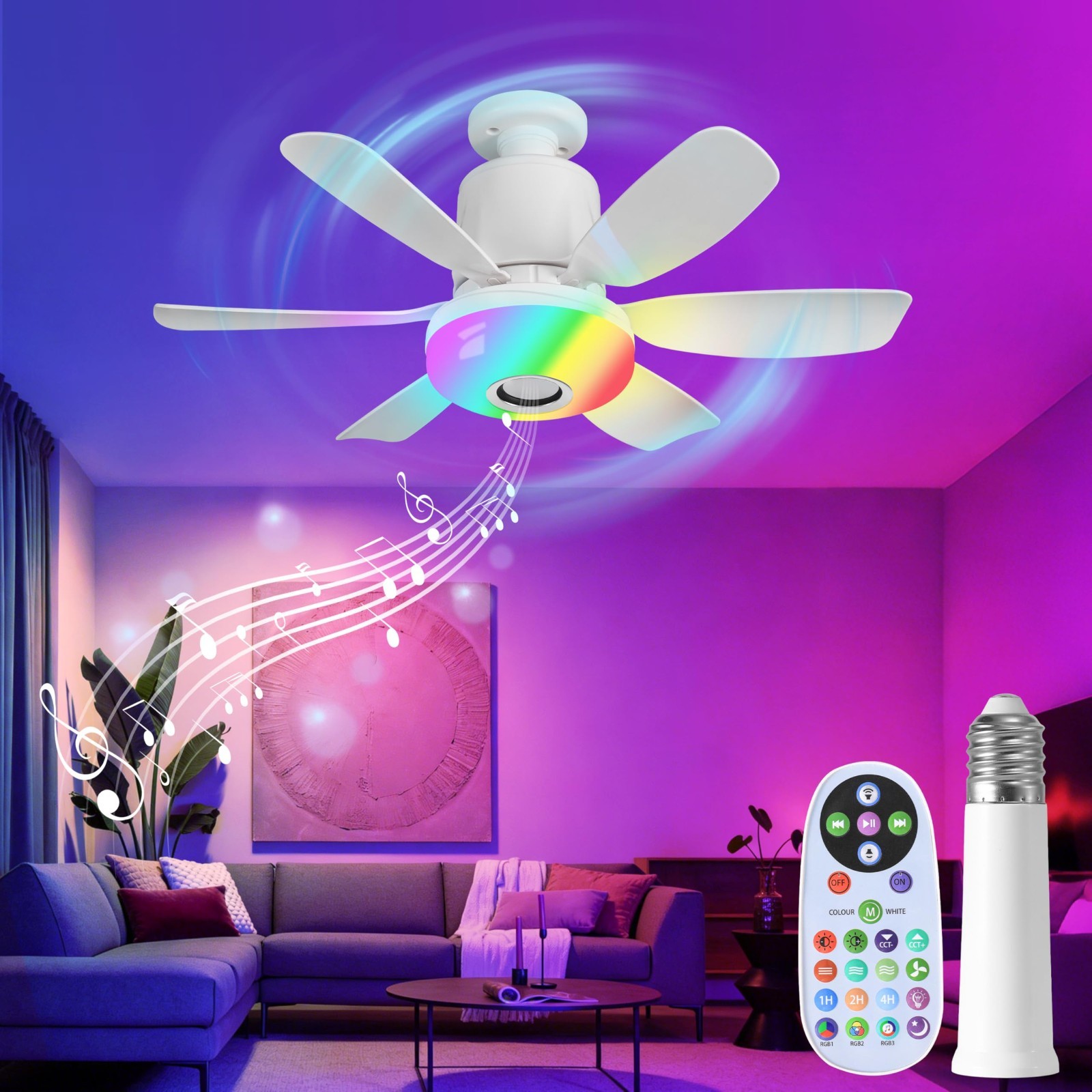 Remote Control Ceiling Fan Light with Bluetooth Speaker, RGB Colors, 3 Speeds, E