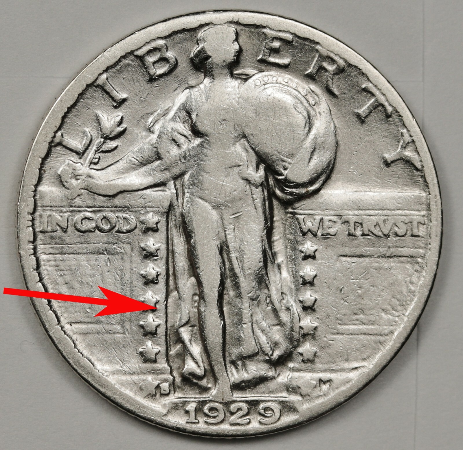 1929-s Standing Liberty Quarter.  Error Clashed "E".  High Grade. 144627