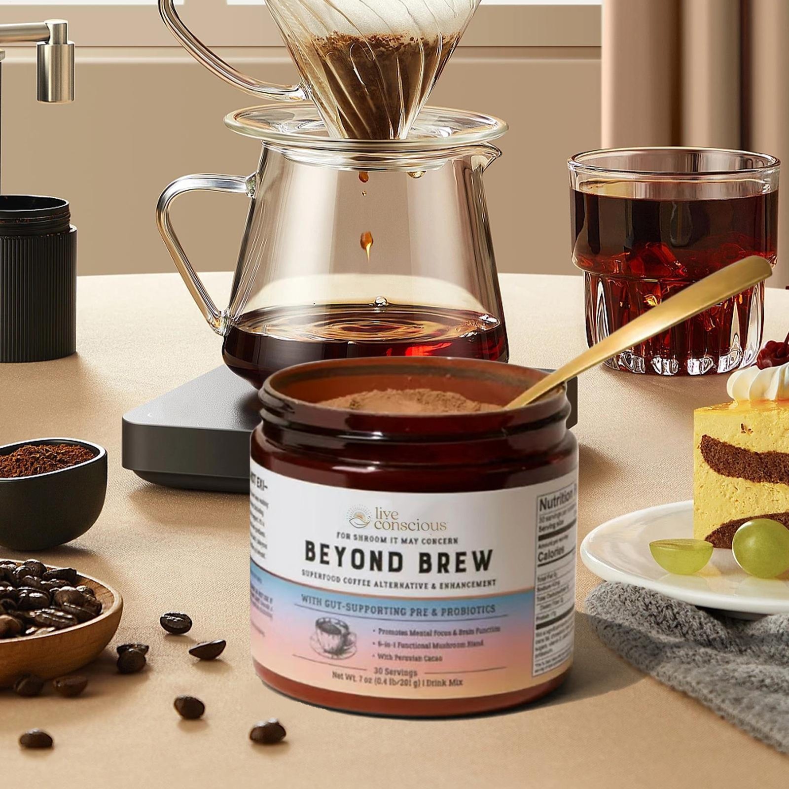 Live Conscious Beyond Brew Mushroom Coffee 7-in-1 Cacao Energy Focus Gut