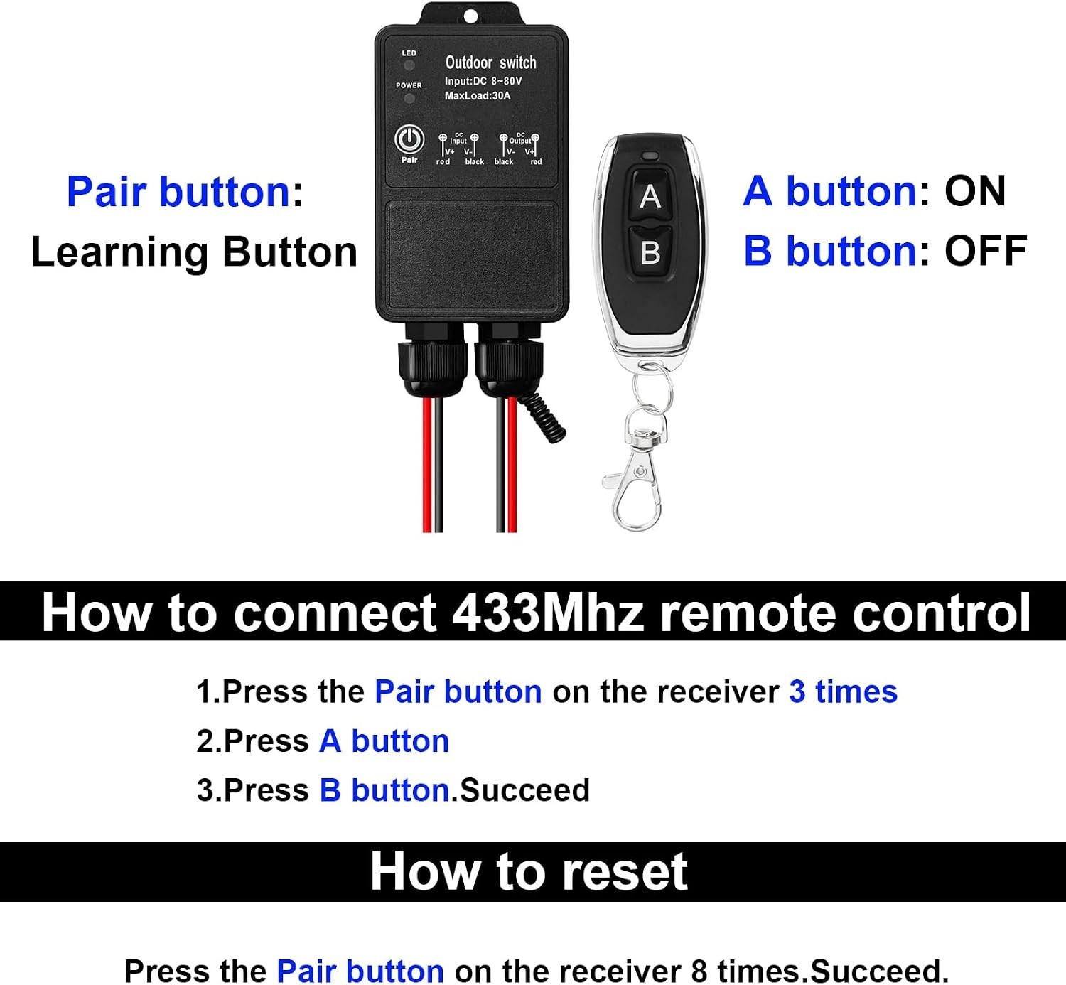 Waterproof 12V Remote Control Switch, Low Voltage DC 8-80V 30A Relay Wireless Re