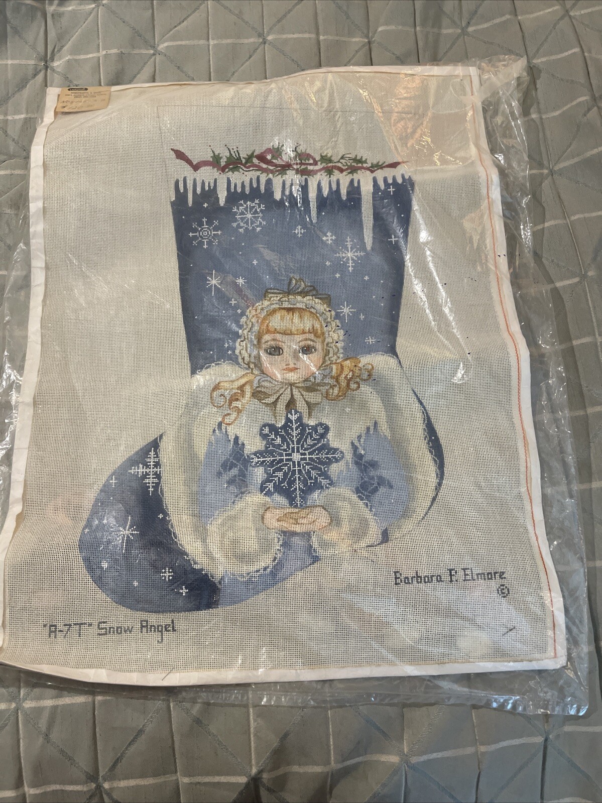 RARE Barbara P. Elmore Snow Angel HP Needlepoint  +thread Canvas Stocking 23x18