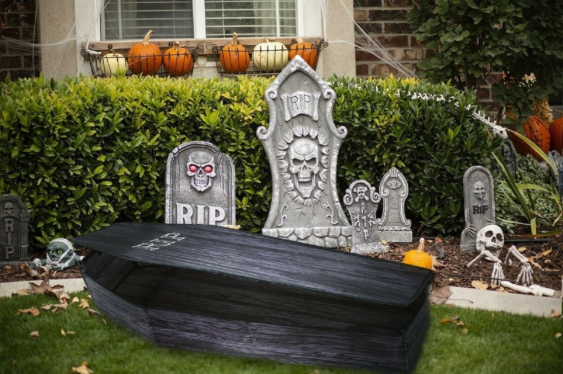 Halloween Black 60" Wood-Look Coffin RIP Graveyard Prop With Lid Haunted House