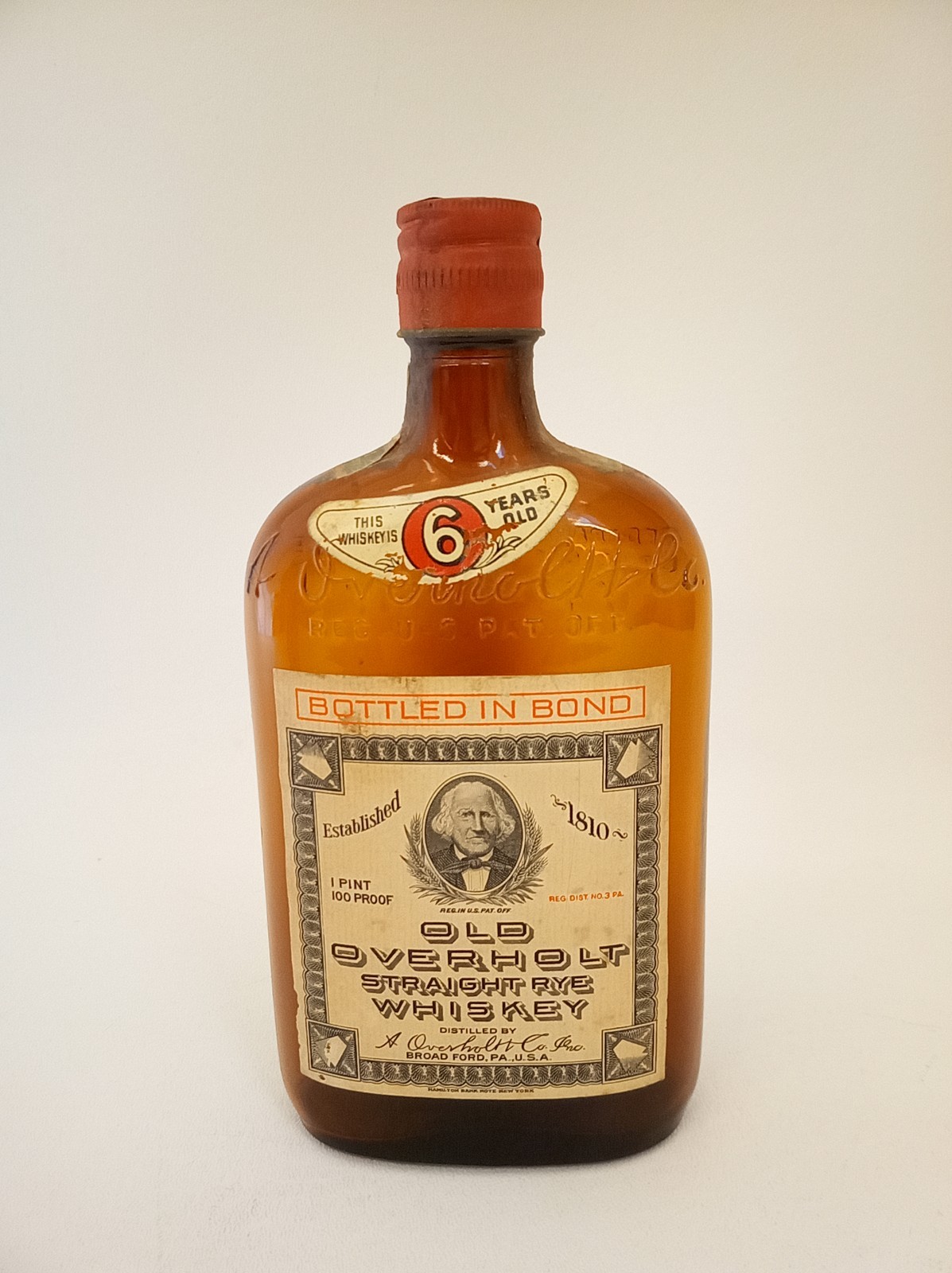 Vintage Old Overholt straight rye whiskey bottle empty 6 years