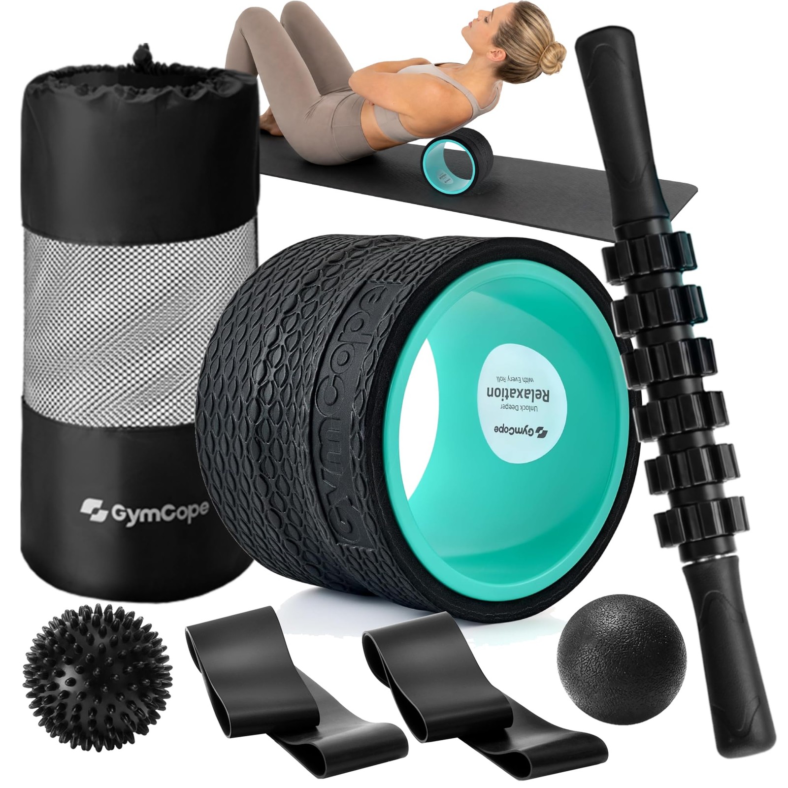 GymCope 5-in-1 Foam Roller Set with Back Roller, Massage Black Blue
