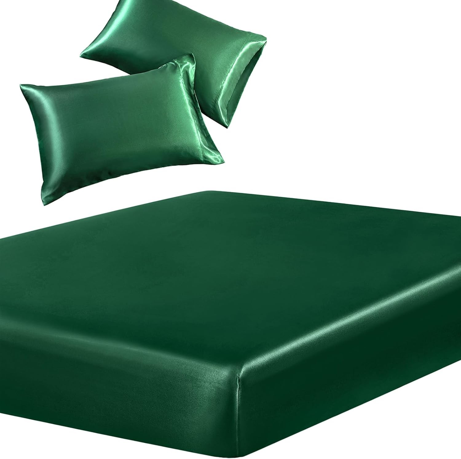 3-Piece Set Satin Twin Fitted Sheet & 2 Pillowcase, Emerald Green