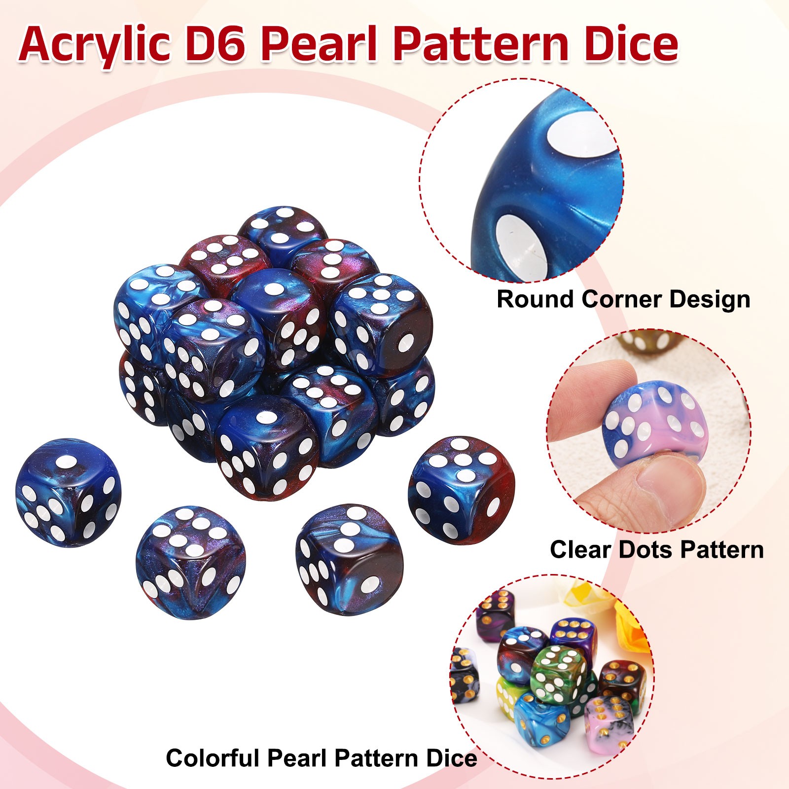 20Pcs 6 Sided Standard Dice, Acrylic D6 Pearl Pattern Dice (Red and Blue)