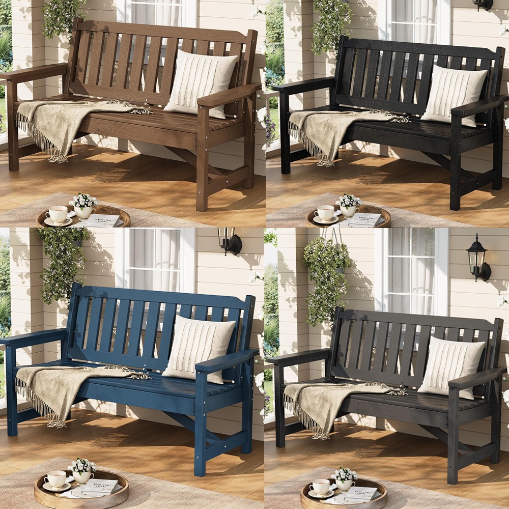 2-Person Outdoor Bench, HDPE Garden Bench 600 Lbs For Backyard, Brown Black Grey