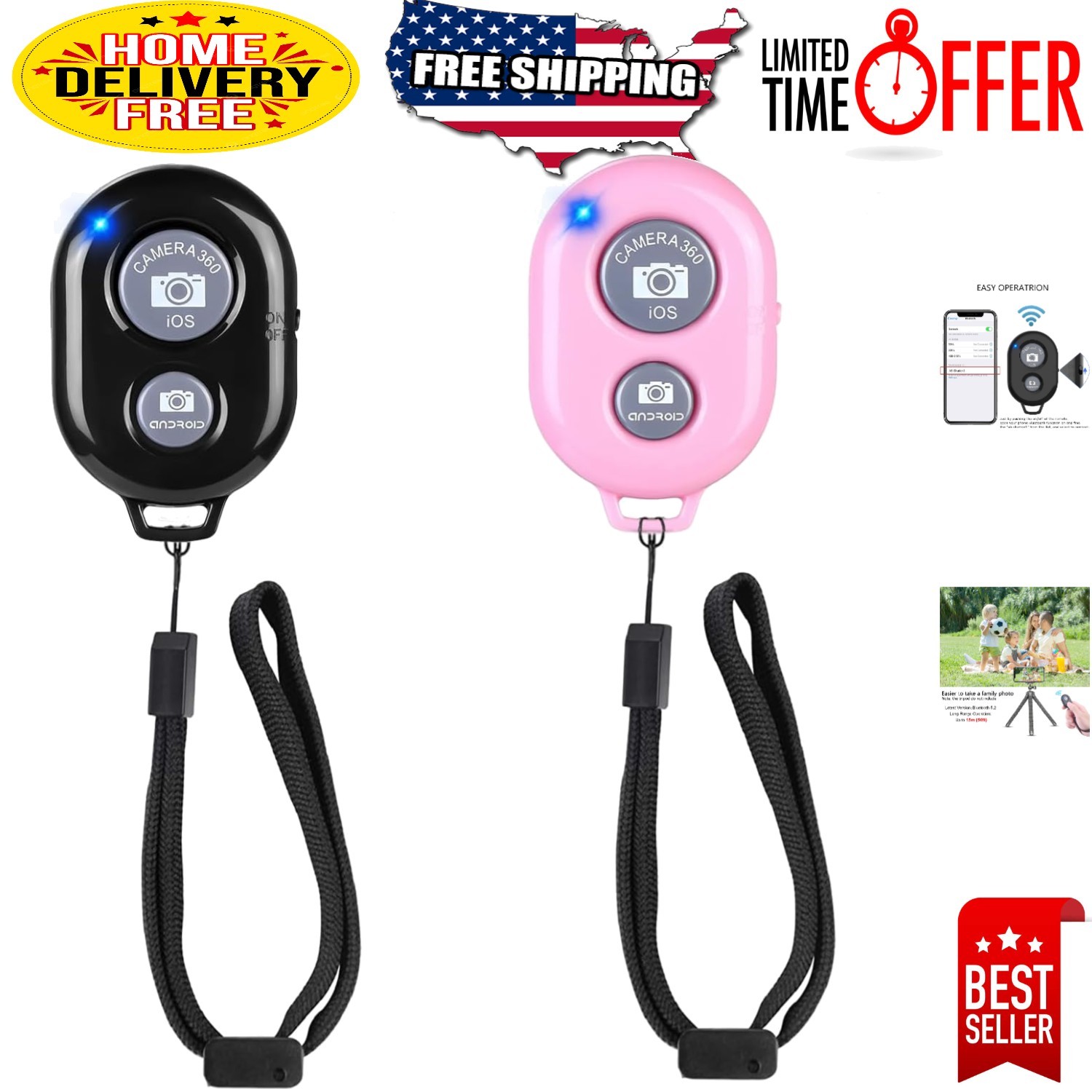 Wireless Camera Remote Shutter for iPhone & Android - Black & Pink, 50ft Range