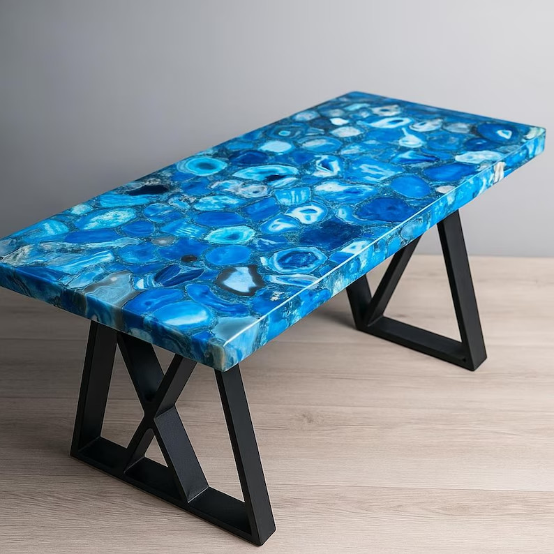 Handmade Blue Agate Coffee Table| Crystal Resin Tabletop Decor