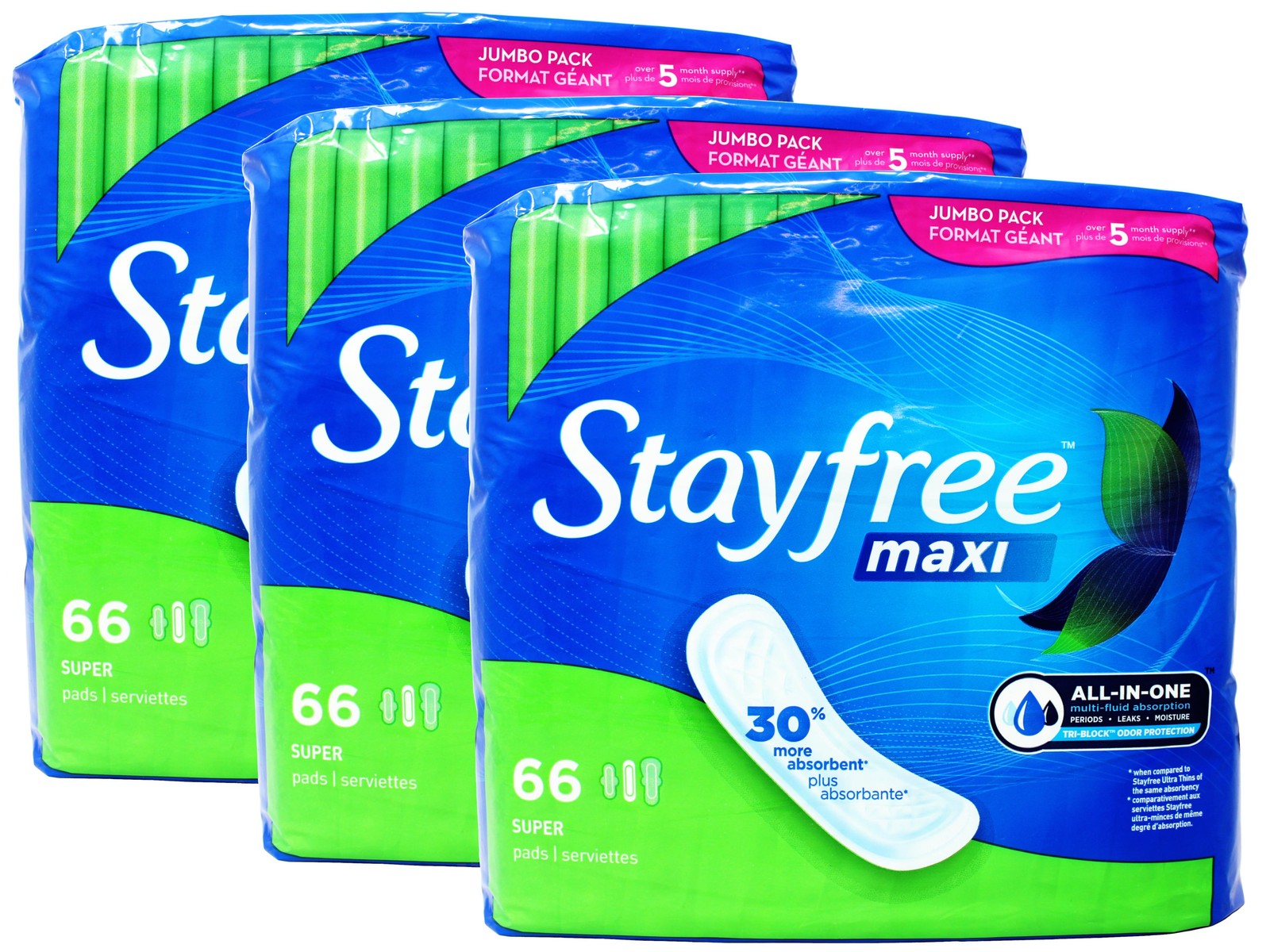 3 Pack Stayfree Maxi Super Pads Wingless Comfortably Dry for up to 8 Hours 66 Ct