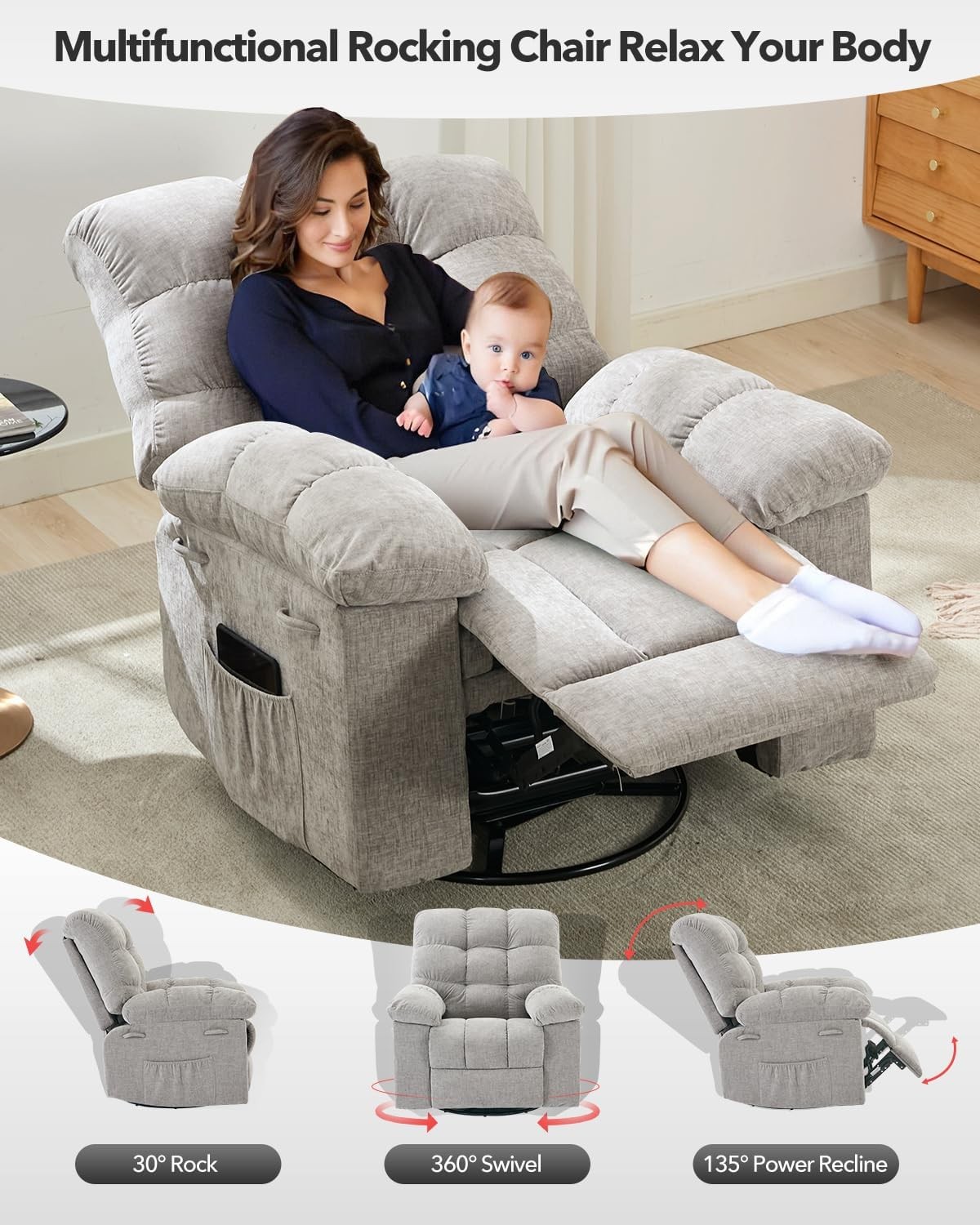 Rocking Recliner Chair Upholstered 360° Swivel Rocker Chair Deep Seat Light Gray