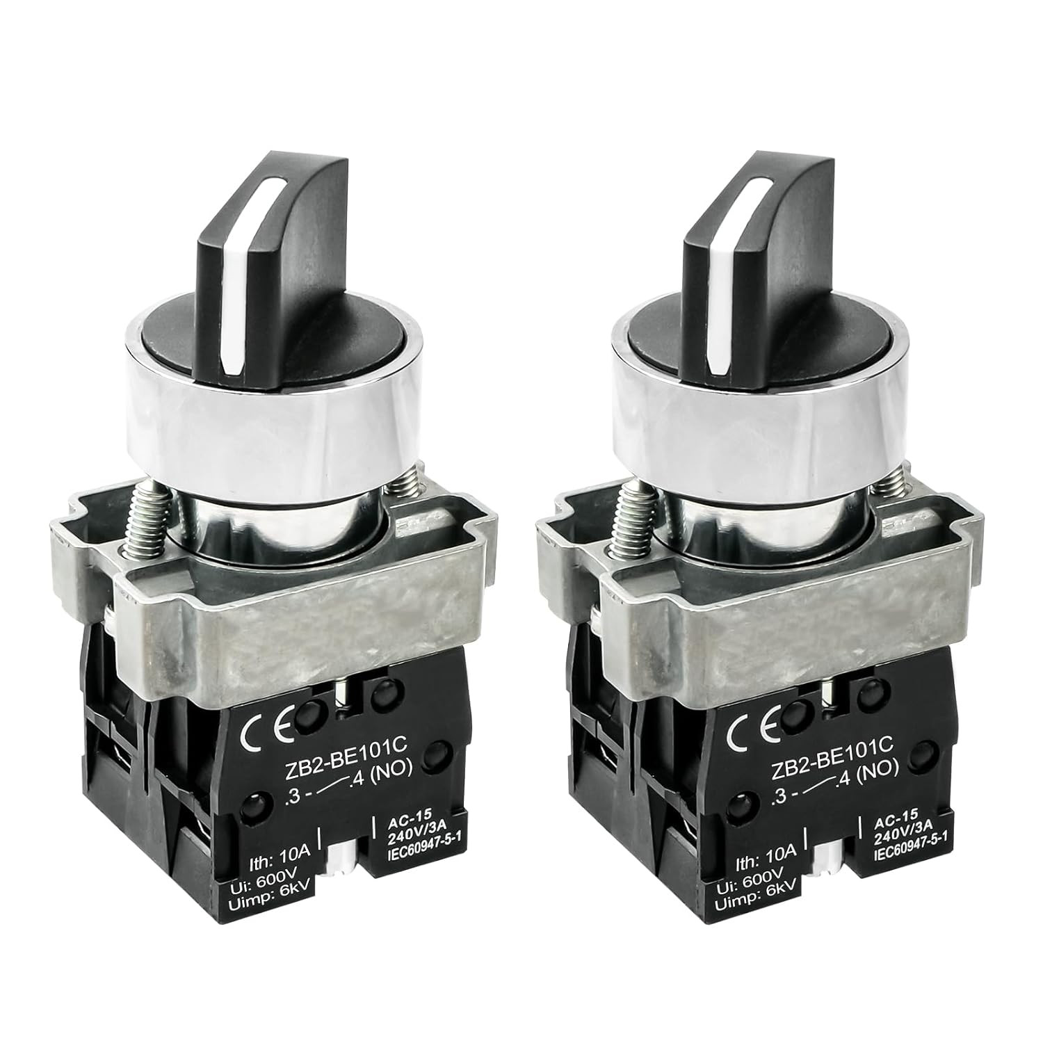 2Pack Black 3-Position Selector Switch 2NO Metal Head Switch Ith: 10A, Ui: 600V,